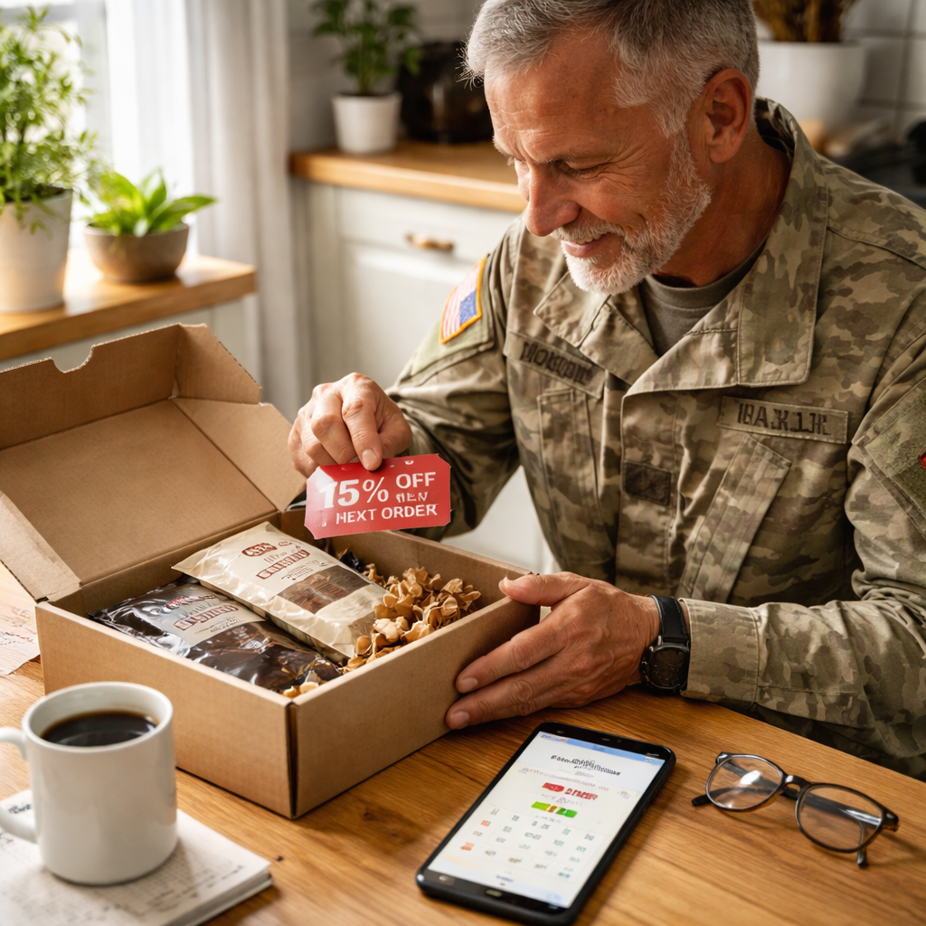 A photorealistic scene of a veteran opening a coffee subscription box on a kitchen table, seeing a discount tag and a calendar reminder on a phone, bright natural light, realistic style