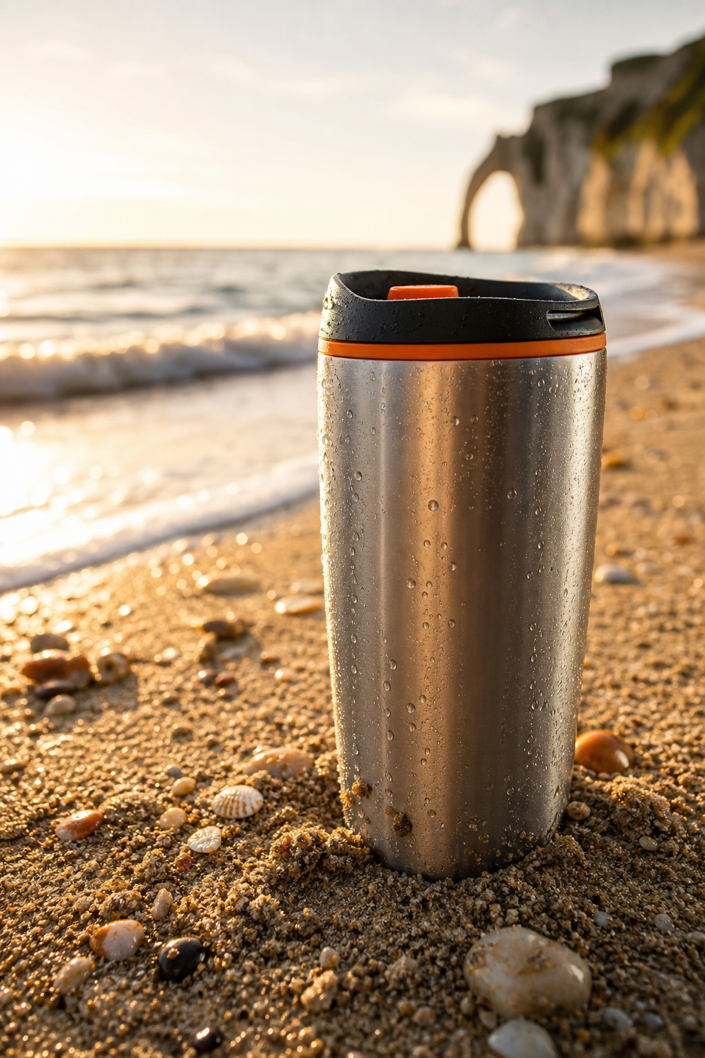 A close-up photorealistic shot of a stainless steel insulated travel mug resting on a sandy beach, with shallow waves and golden sunlight in the background, showing water droplets on the exterior and grains of sand around the base. Alt: stainless steel coffee travel mug on sandy beach with salt air and sunlight.