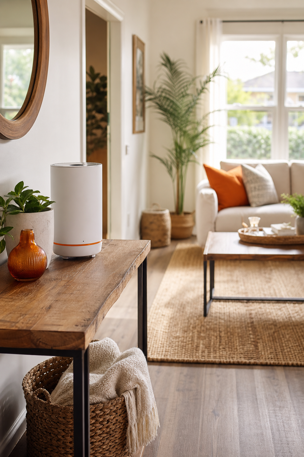 A photorealistic image of a cold air diffuser placed on a console table in a bright Airbnb living room, with a window and plants. Alt: Cold air diffuser positioned in living room entryway for optimal scent distribution.