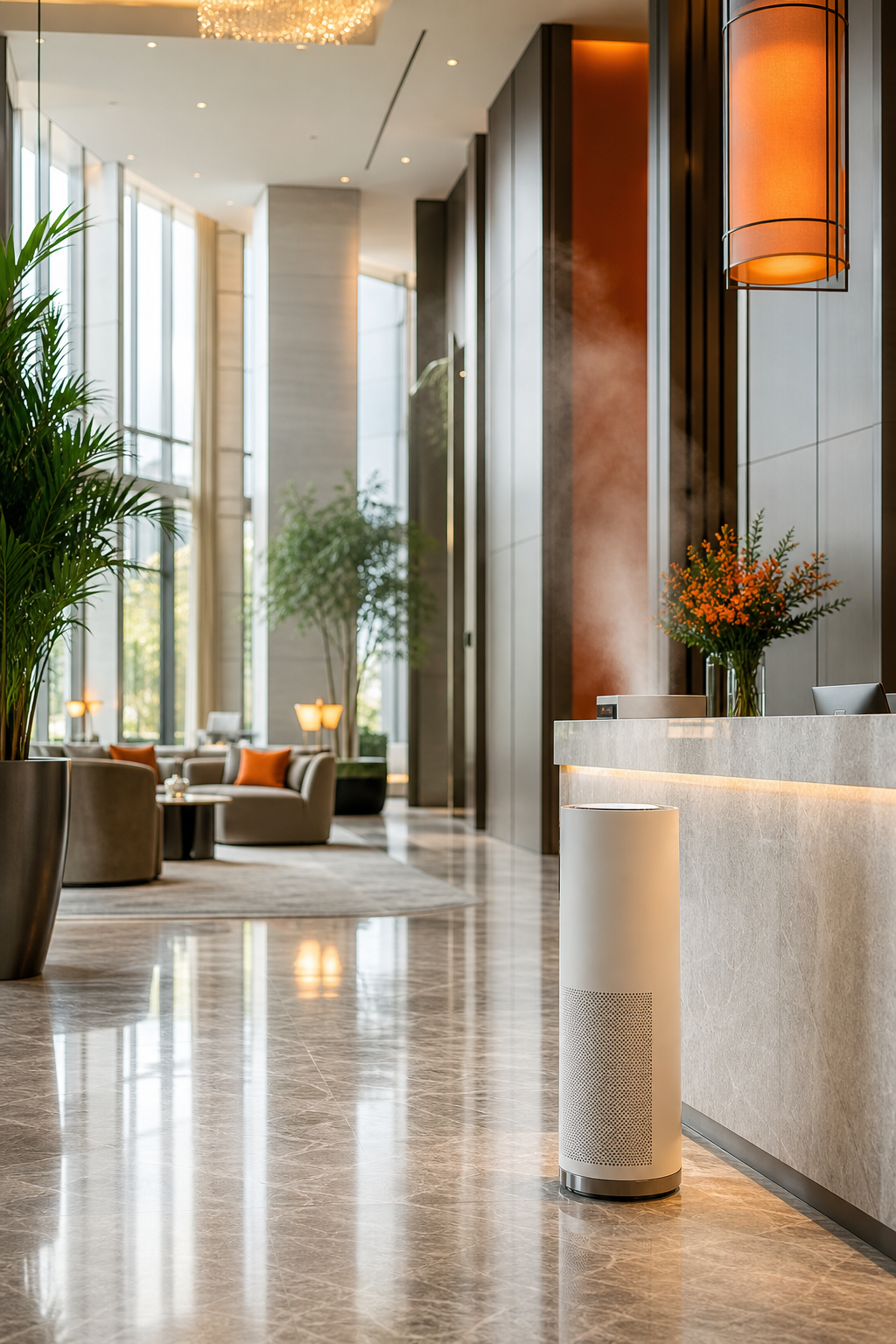 A photorealistic shot of a spacious hotel lobby with high ceilings, modern decor, and a subtle mist emanating from a sleek diffuser unit placed near the reception desk. Alt: cold air diffuser for large hotel lobby