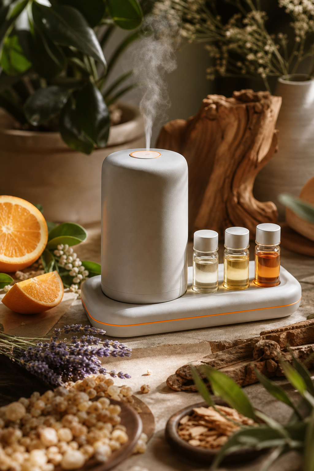 A photorealistic close-up of a modern diffuser with interchangeable oil bottles on a tray, surrounded by various fragrance notes like citrus and woods. Alt: customizable cold air diffuser fragrance options