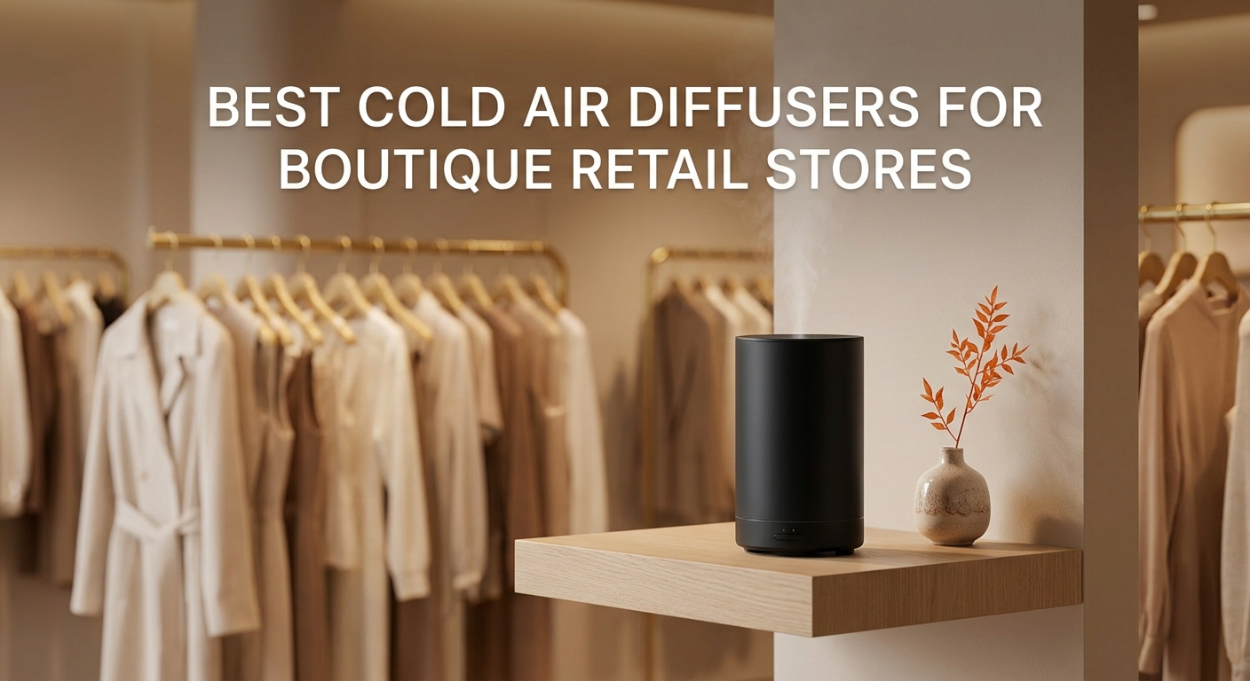A photorealistic lifestyle scene inside a warmly lit boutique retail store. Elegant clothing racks in the background, soft ambient lighting, and a sleek black cold-air diffuser on a minimalist wooden shelf releasing a barely-visible fine mist. Brand color accent #FF6B00 visible in a subtle decorative element. No product labels or phone numbers. Alt: cold air diffuser for boutique retail store on a wooden shelf in an upscale clothing boutique.
