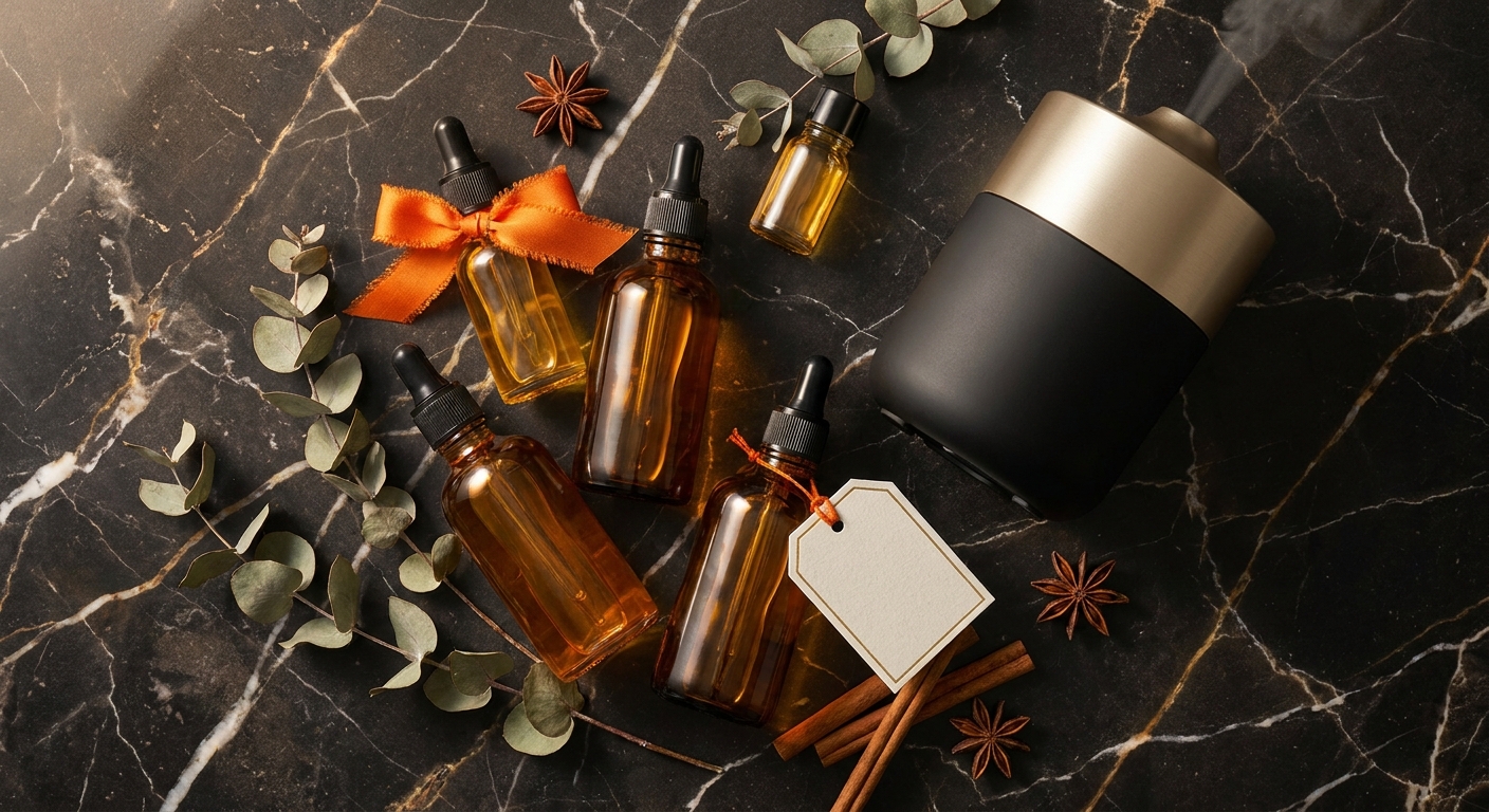 A photorealistic flat-lay scene on a dark marble surface showing several amber glass fragrance oil bottles arranged elegantly alongside a small cold-air diffuser unit. Soft warm lighting highlights the golden tones of the oils. A few dried botanicals nearby add texture. No labels with brand names or phone numbers. Brand color accent #FF6B00 visible in a ribbon or tag detail. Alt: luxury fragrance oil bundle for boutique retail scent branding on marble surface.