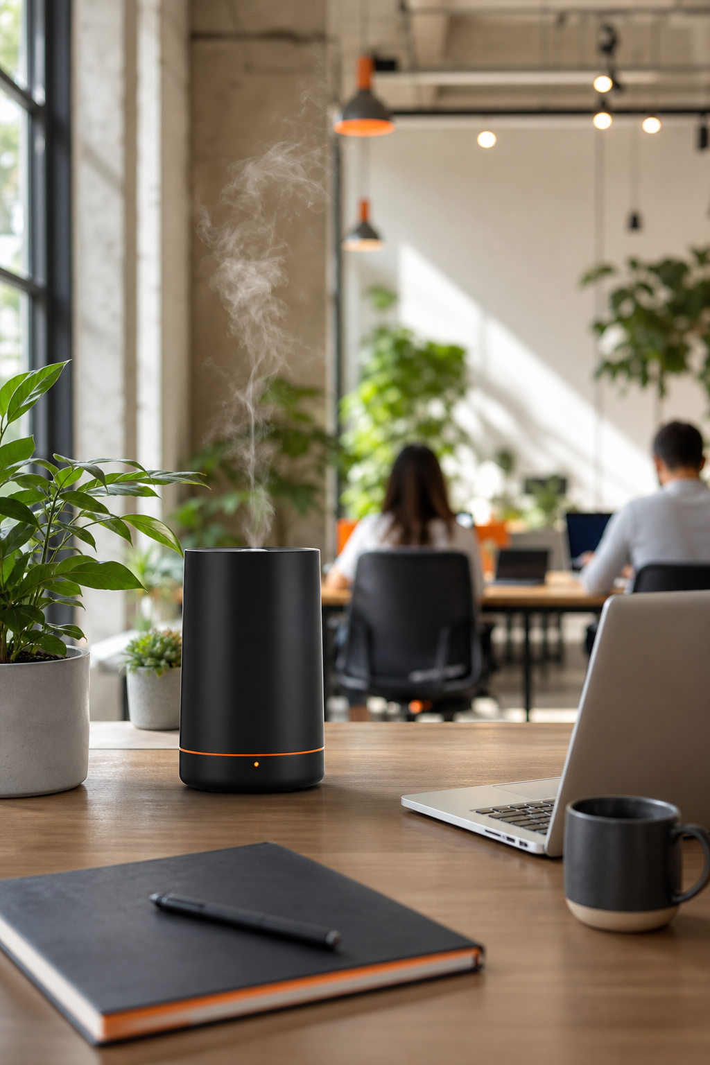 A sleek black cold-air diffuser on a modern desk in a bright coworking space with plants and natural light. Alt: Mila Marie Scents ECHO cold-air diffuser in a coworking office space.
