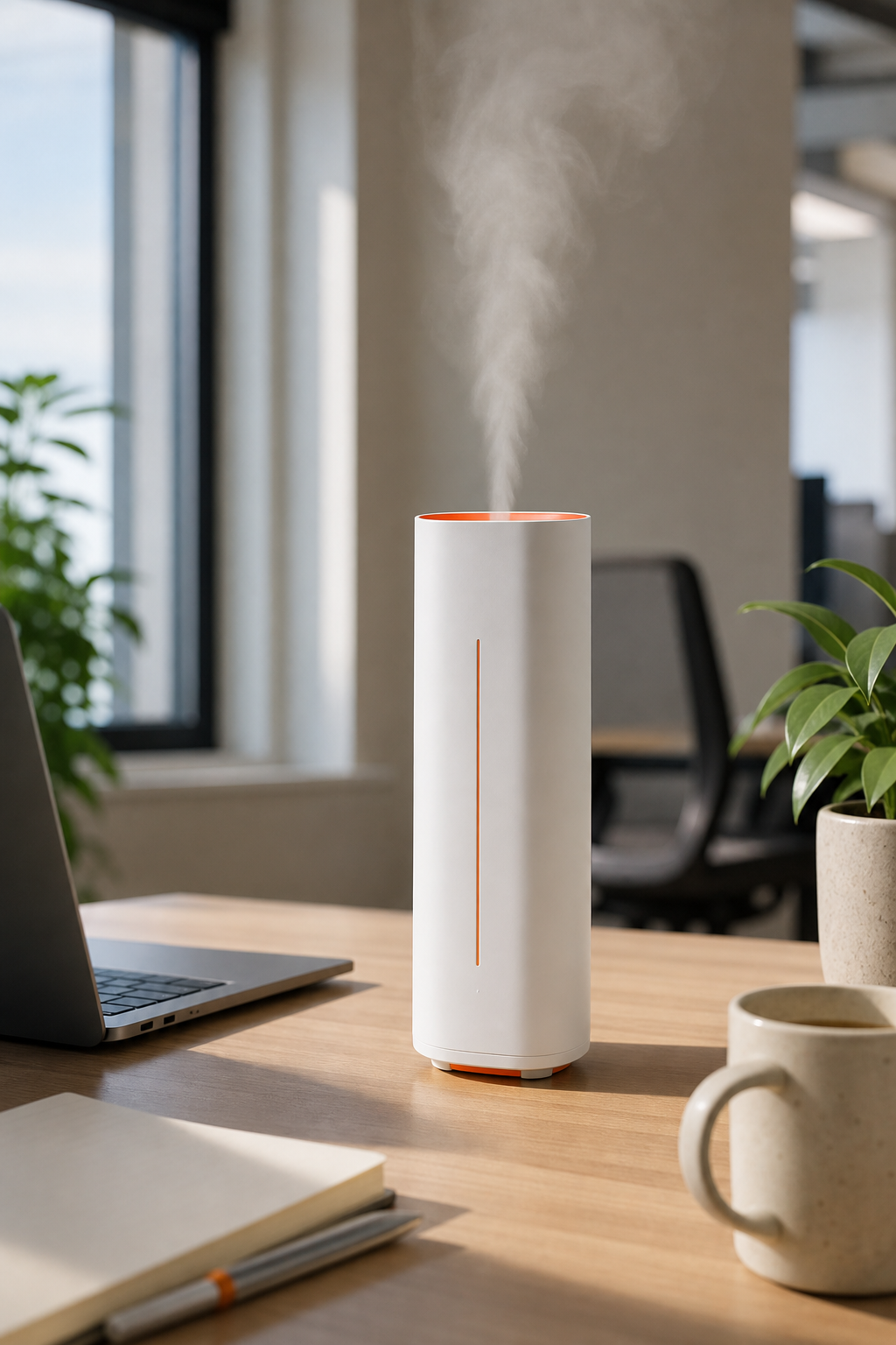 A minimalist white tower diffuser on a desk next to a laptop and notebook, with soft natural lighting. Alt: Quiet tower diffuser on a coworking desk.