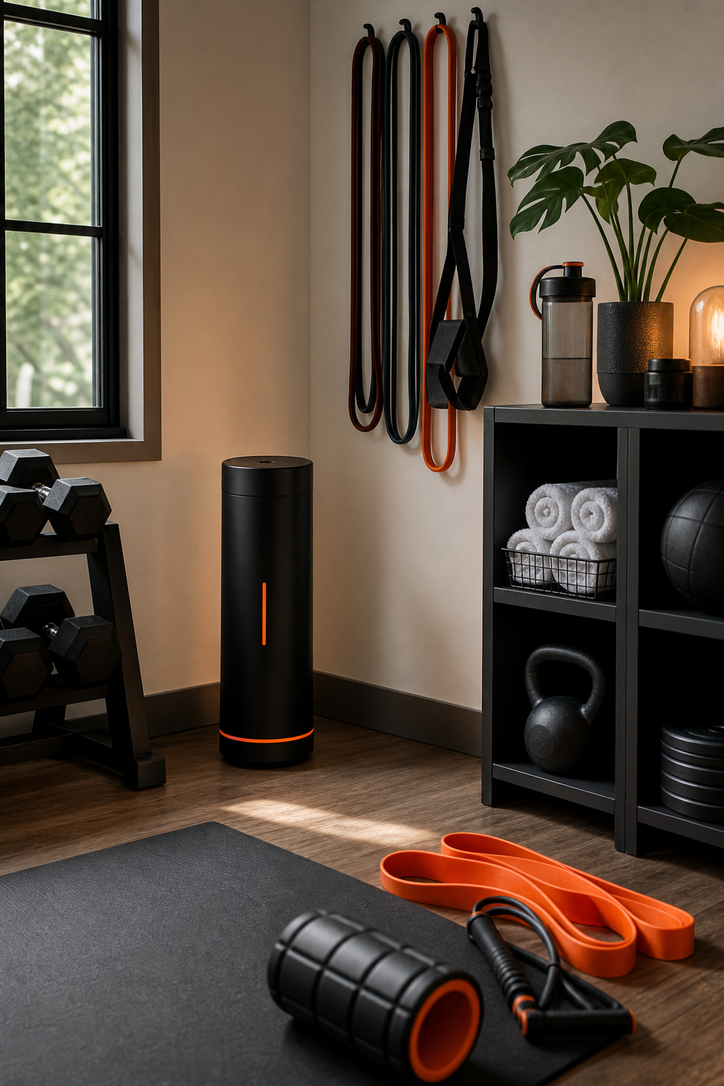 A compact home gym setup with a foam roller, resistance bands, and an Elite Mini Pro diffuser standing quietly in the corner. Soft lighting. Alt: Elite Mini Pro tower diffuser in compact home gym