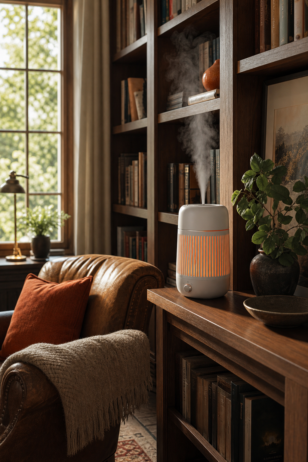 A cozy home library with a cold air diffuser placed on a wooden shelf near a reading chair, soft natural light filtering through a window, realistic style. Alt: Cold air diffuser placed in a home library setting with bookshelves and reading chair