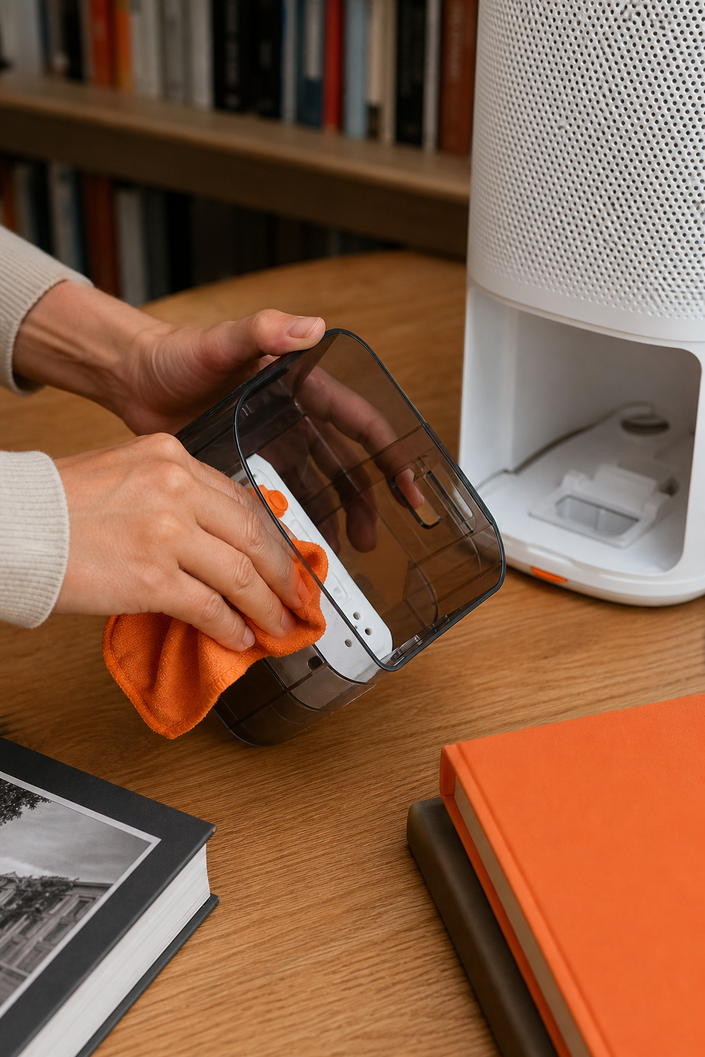 Close-up of hands cleaning the reservoir of a cold air diffuser with a soft cloth, on a wooden table near books, realistic style. Alt: Cleaning the cold air diffuser reservoir to maintain freshness in a home library