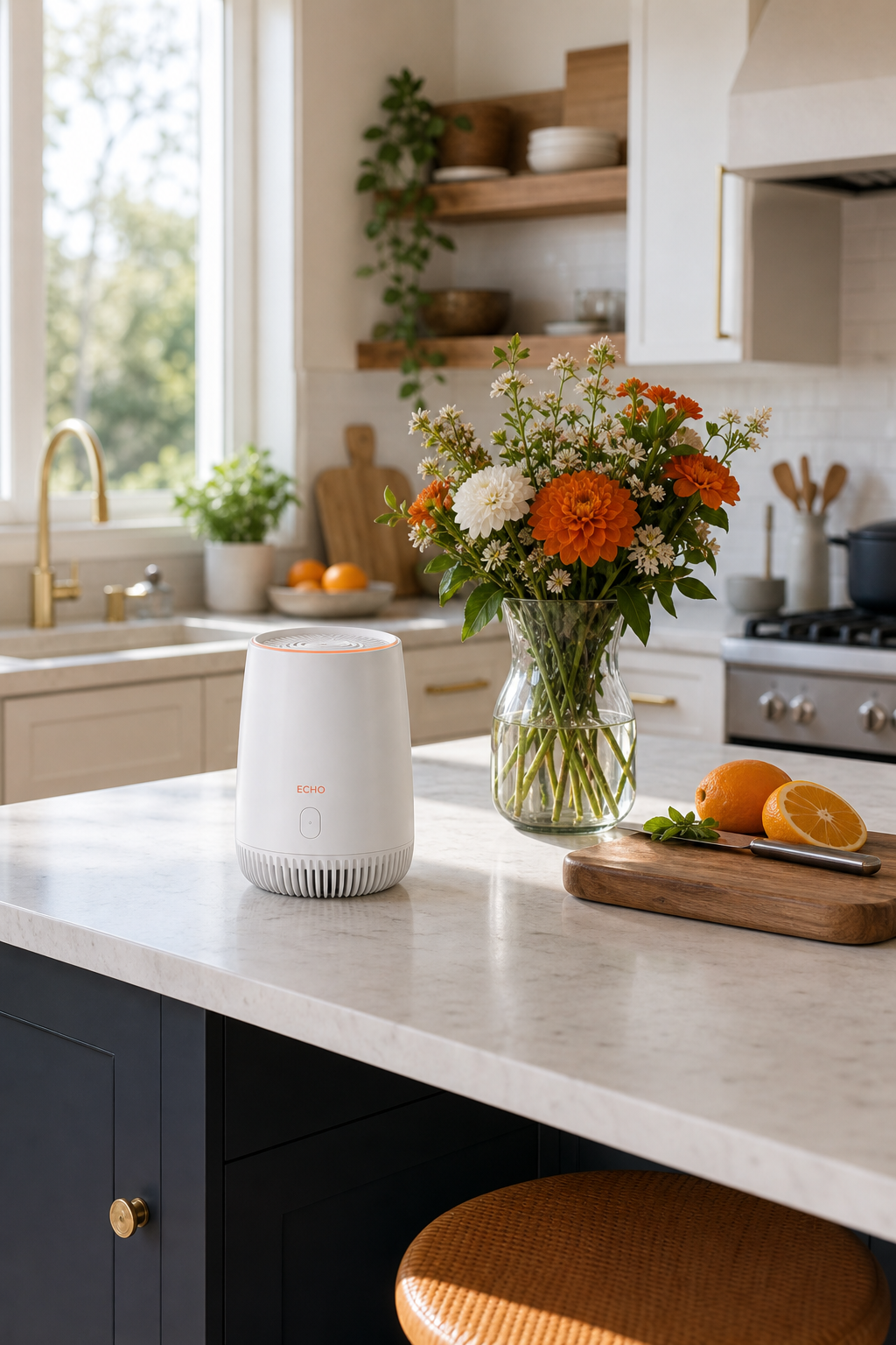 A white cold-air diffuser on a small kitchen island with a vase of flowers and a cutting board, natural daylight. Alt: ECHO Mini cold air diffuser on compact kitchen island