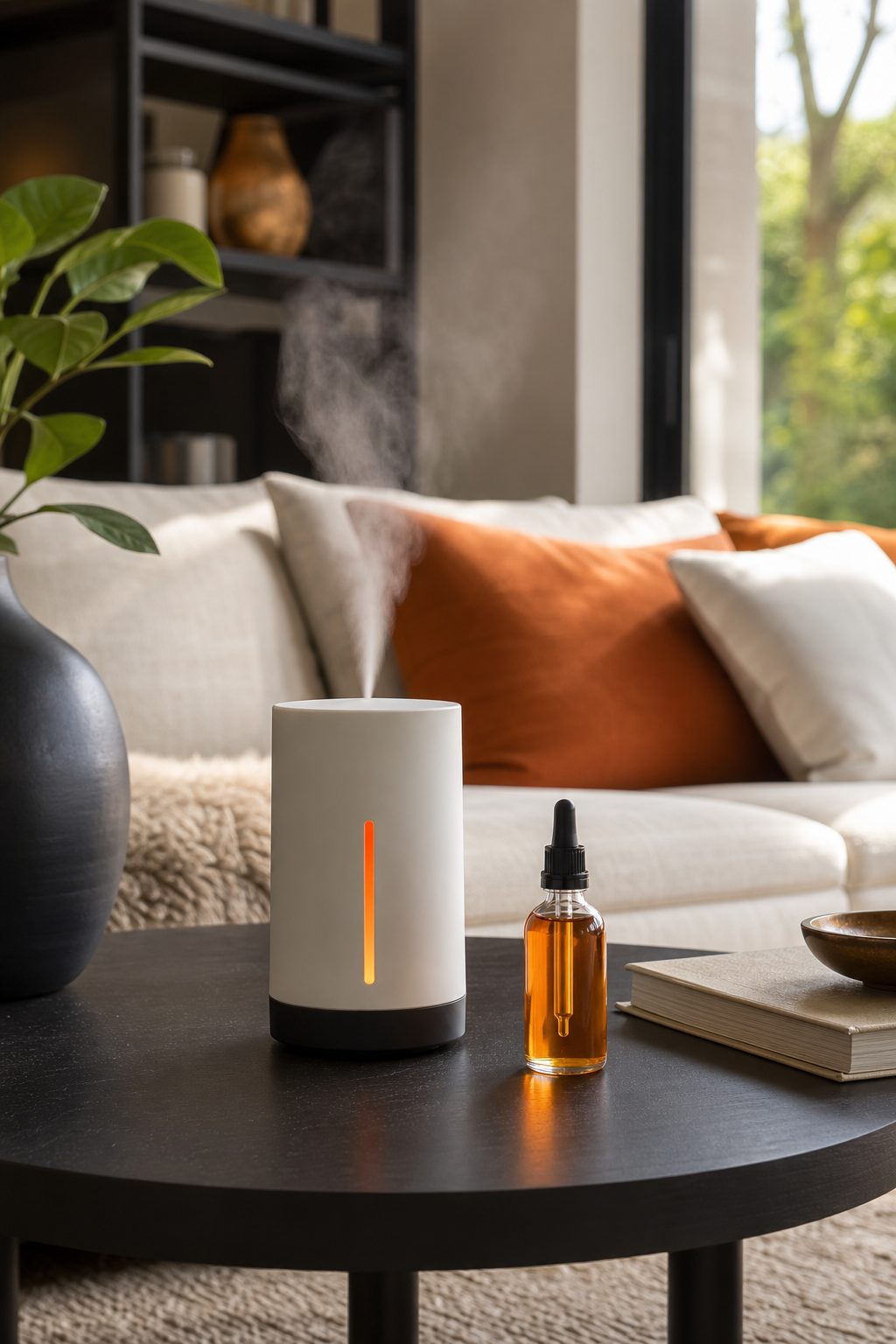 A realistic photo of a cold air diffuser on a coffee table in a modern living room, with a sleek bottle of fragrance oil beside it. Soft natural light from a window, cozy upscale ambiance. Alt: Cold air diffuser fragrance oil subscription cost components