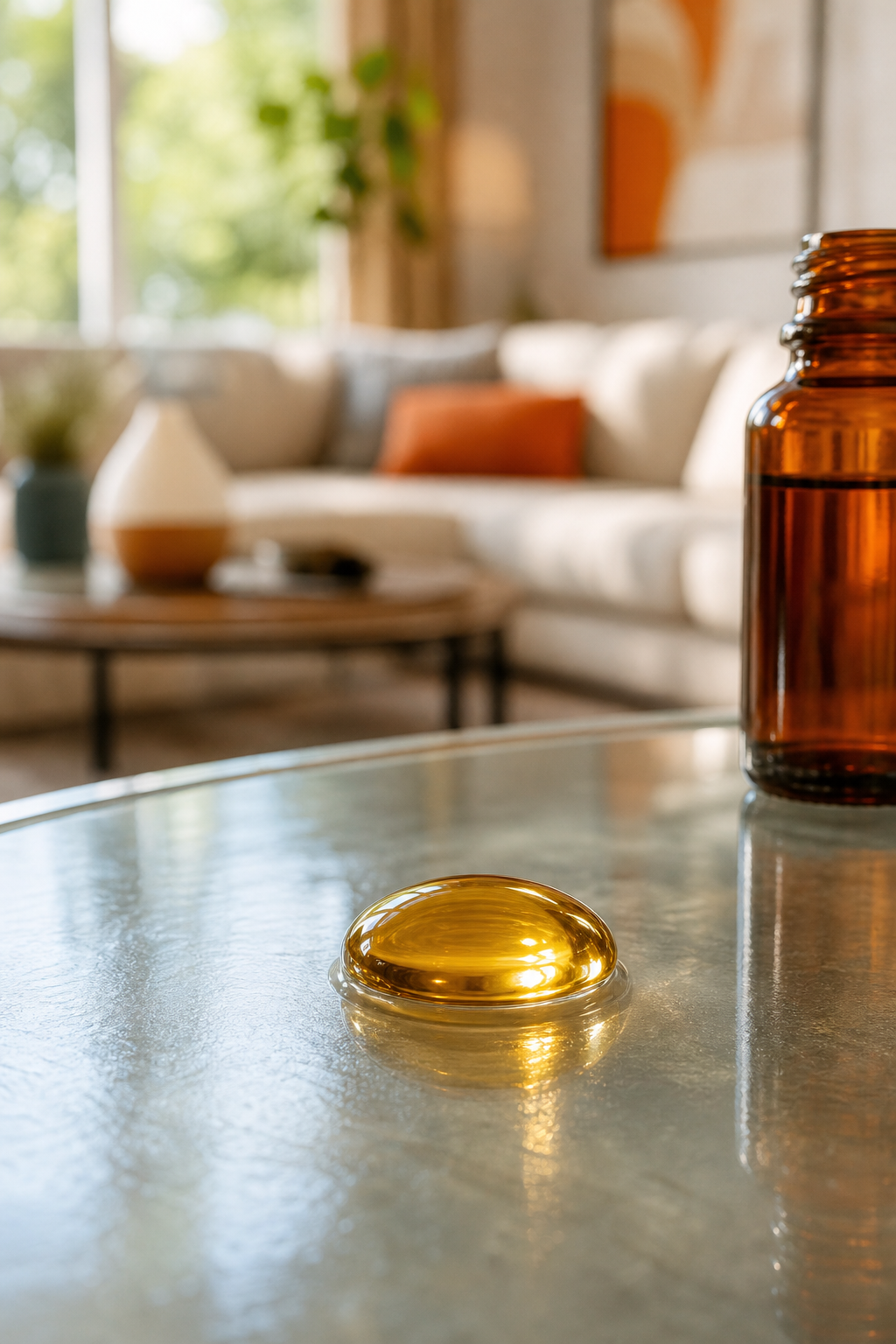 A realistic close-up of a drop of golden fragrance oil on a clean glass surface, with a blurred background of a stylish living room. Alt: High quality fragrance oil for cold air diffuser subscription evaluation