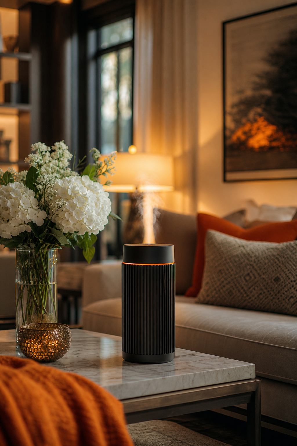 A warm, elegantly lit living room interior with a sleek cold-air diffuser on a marble side table, soft ambient lighting, and a vase of white flowers nearby. Photorealistic, editorial style with accent color of deep orange. Alt: luxury cold air diffuser in a beautifully decorated home interior.