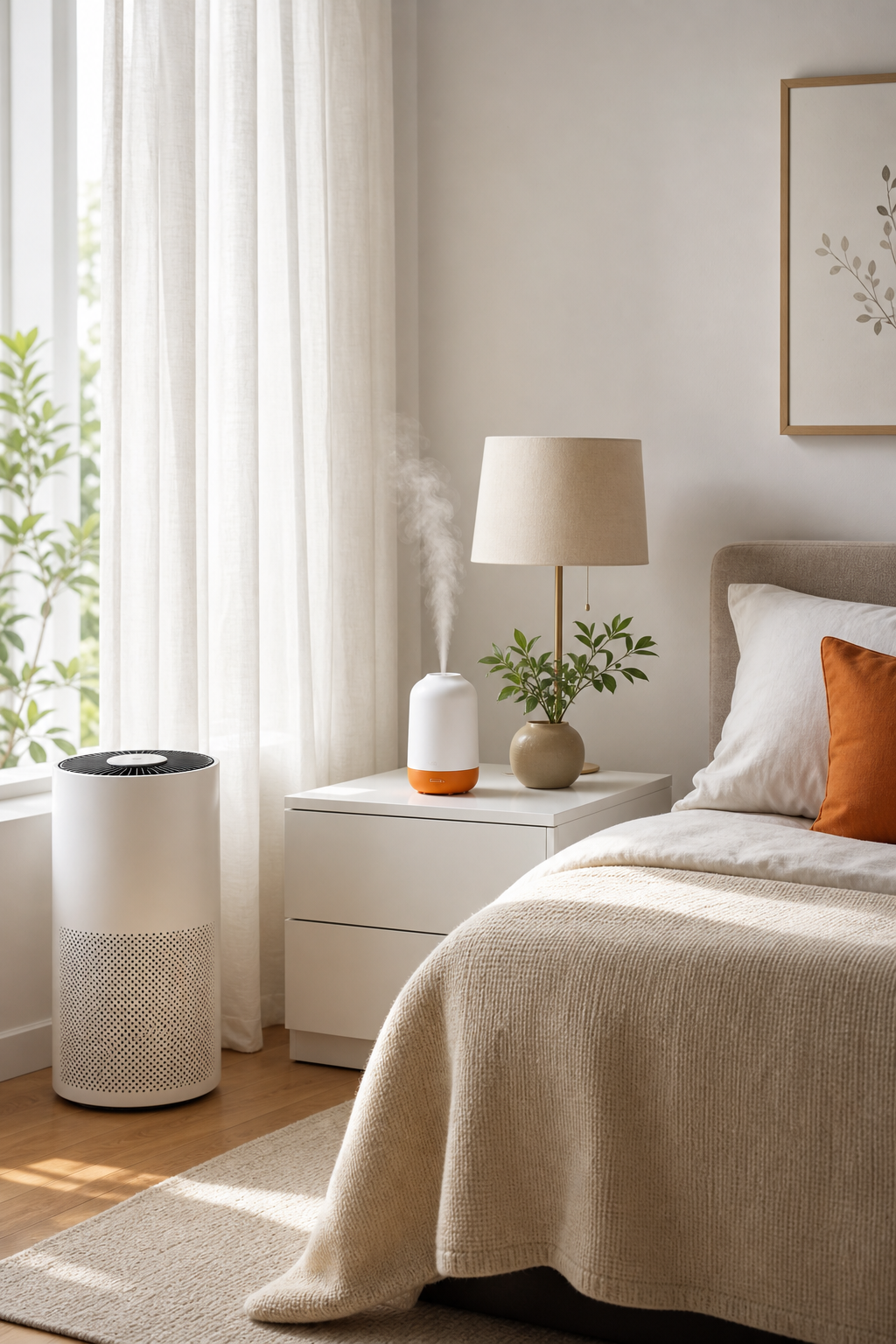 A clean, modern bedroom with an air purifier and a minimalist cold-air diffuser on a white bedside table, soft natural light coming through sheer curtains, a calming and health-conscious atmosphere. Photorealistic editorial style. Alt: air purifier and cold air diffuser in an allergy-friendly bedroom setup.