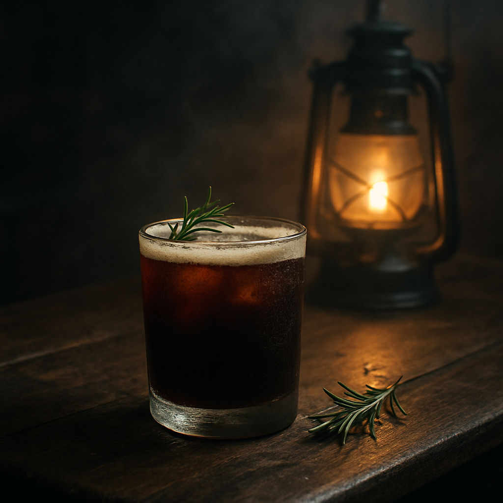 A dark, misty tavern table illuminated by a single lantern, a glass of cold‑brew coffee with a frosty rim and a sprig of rosemary beside it. Alt: Midnight antioxidant elixir cold brew coffee health benefits visual.