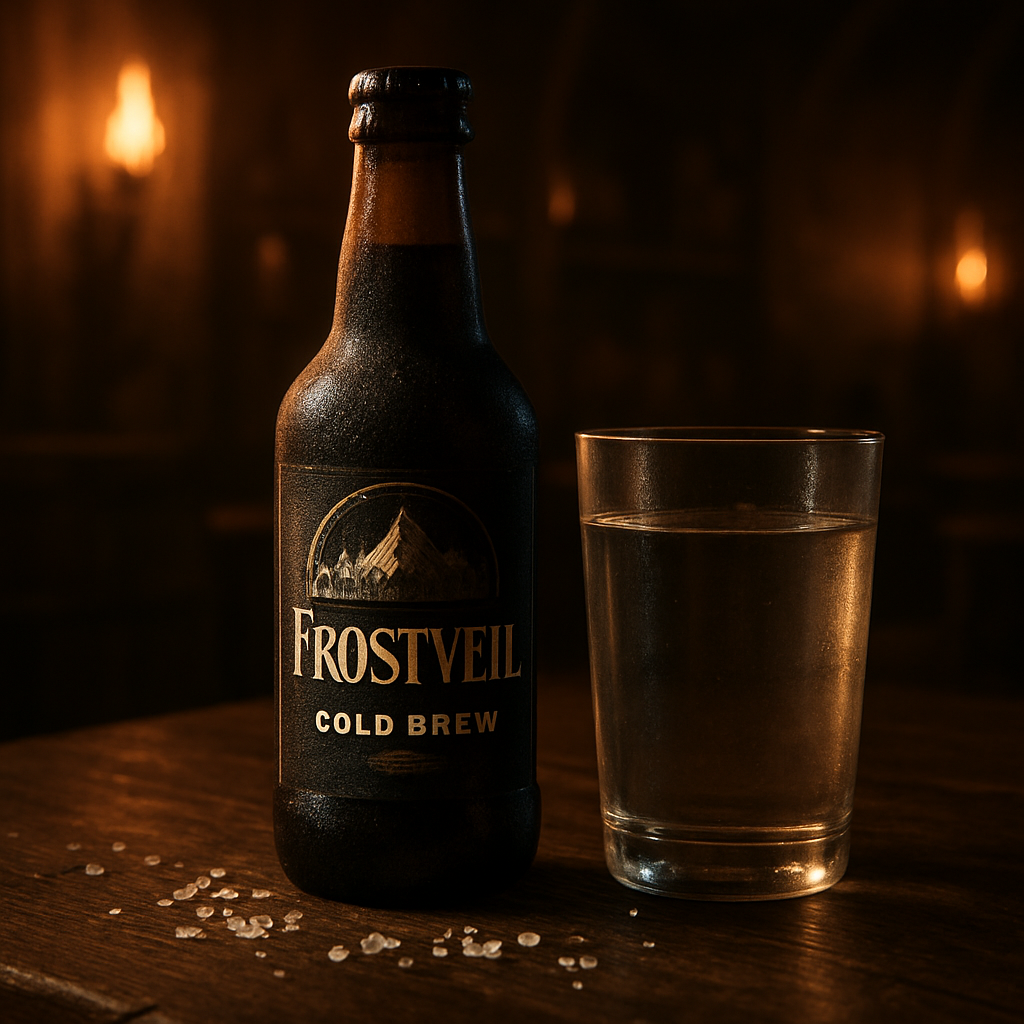 A dimly lit tavern table with a frosted Frostveil cold brew bottle, a glass of water, and a scattering of sea‑salt crystals, evoking a quiet moment of hydration planning. Alt: cold brew coffee health hydration myth debunked