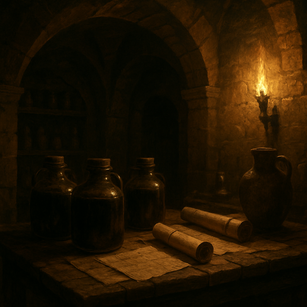 A medieval cellar with jars of cold brew, ancient scrolls, and a flickering torch. Alt: Cold brew ritual in a historic tavern.