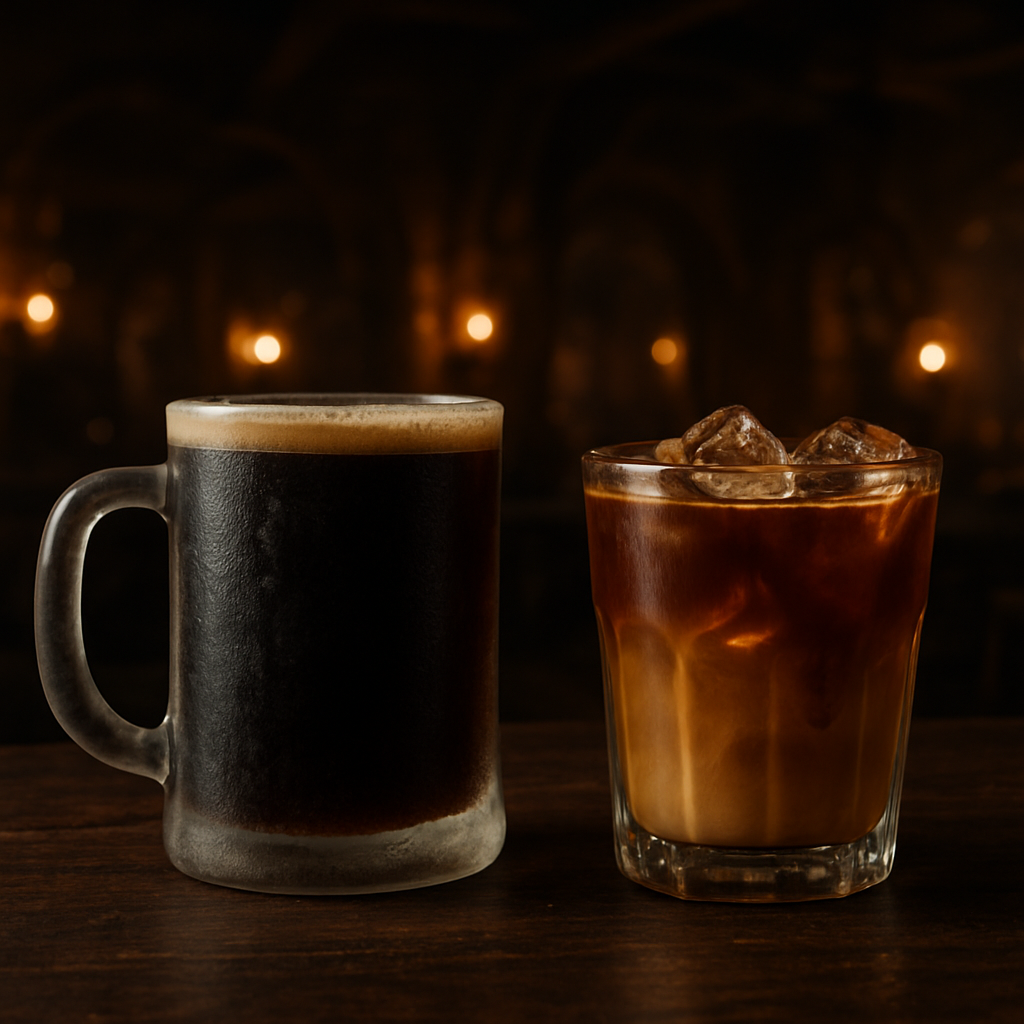 A frosted mug of dark cold brew coffee resting beside a crystal‑clear glass of iced espresso, with a backdrop of a dimly lit tavern. Alt: Cold brew and iced espresso side‑by‑side.