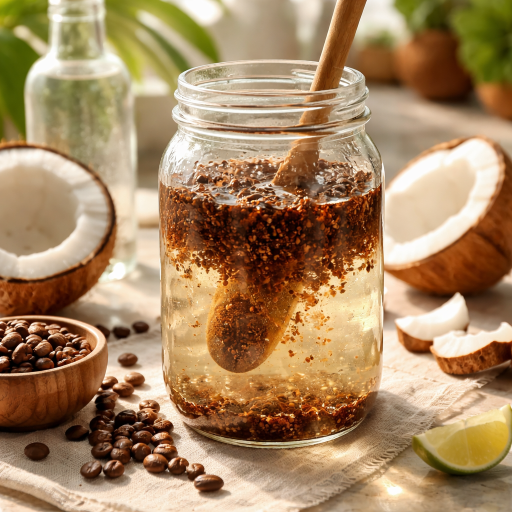 A photorealistic close‑up of a glass jar filled with coarsely ground coffee and clear coconut water, a wooden spoon stirring the mixture, sunlight streaming onto a kitchen counter, highlighting the textures of the beans and the tropical drink. Alt: cold brew coffee with coconut water ingredients laid out on a kitchen table