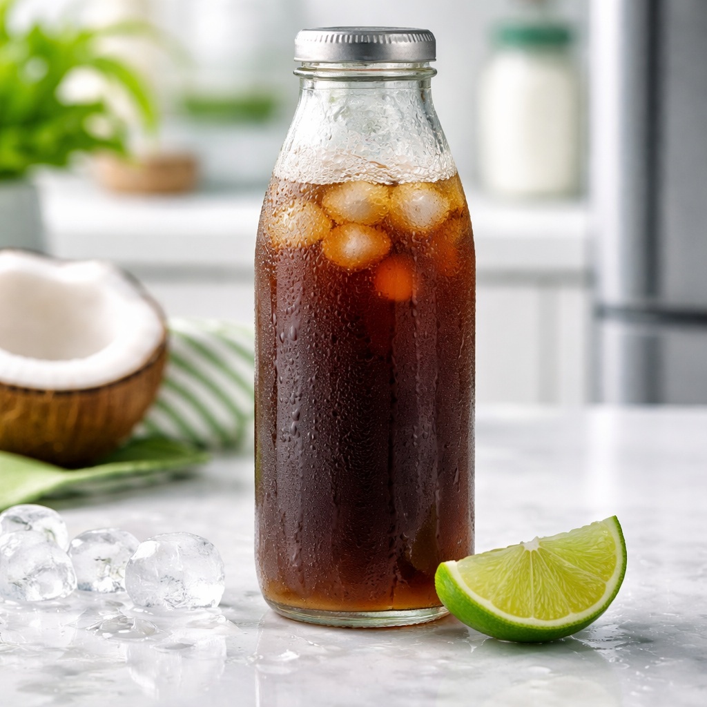 A photorealistic close‑up of a glass bottle of cold brew coffee with coconut water sitting on a kitchen counter, condensation on the glass, a slice of lime beside it, highlighting freshness and storage. Alt: cold brew coffee with coconut water stored in fridge