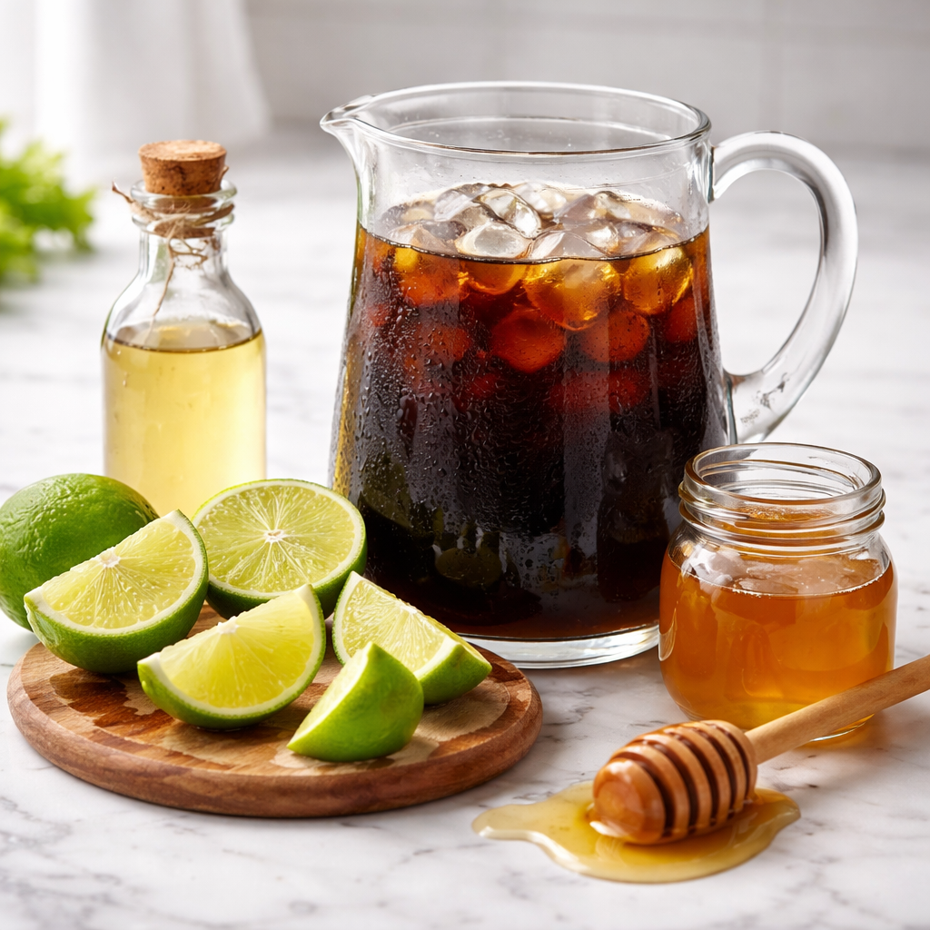 A realistic scene of a glass pitcher filled with cold brew coffee, fresh lime wedges, a bottle of simple syrup, a honey dipper and a cinnamon stick on a marble countertop. Alt: sweetening options for cold brew with lime.