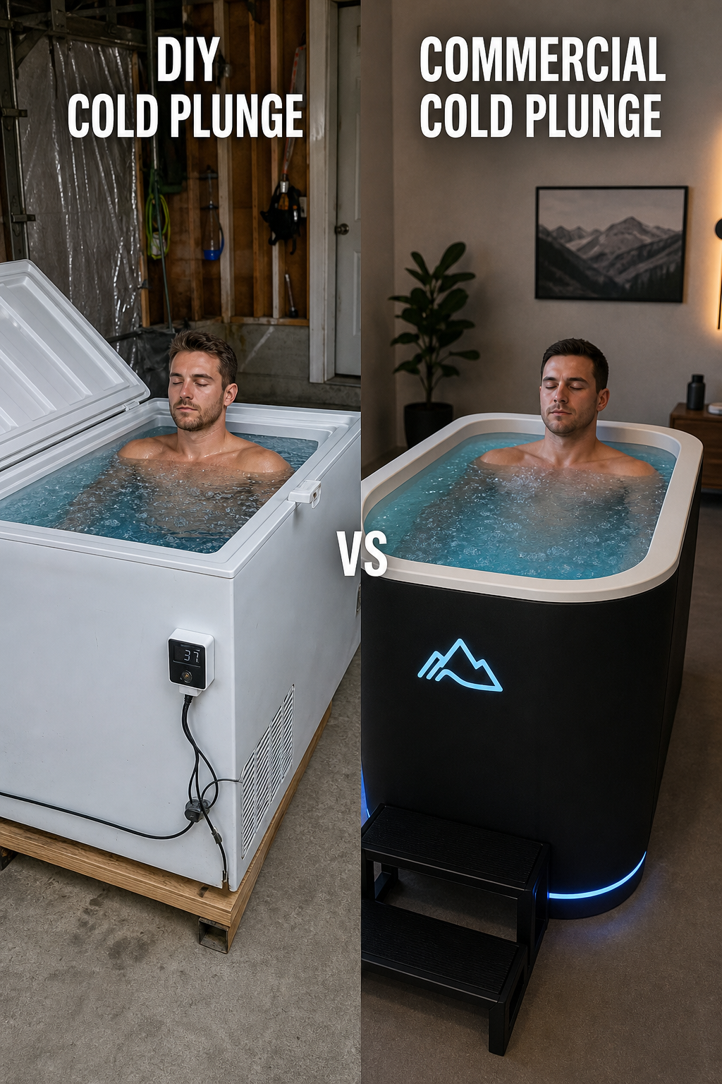 A photorealistic side-by-side comparison of a DIY chest freezer cold plunge setup on the left and a sleek commercial cold plunge tub on the right, both filled with icy blue water, with a person sitting in each. Alt: DIY cold plunge vs commercial cold plunge comparison
