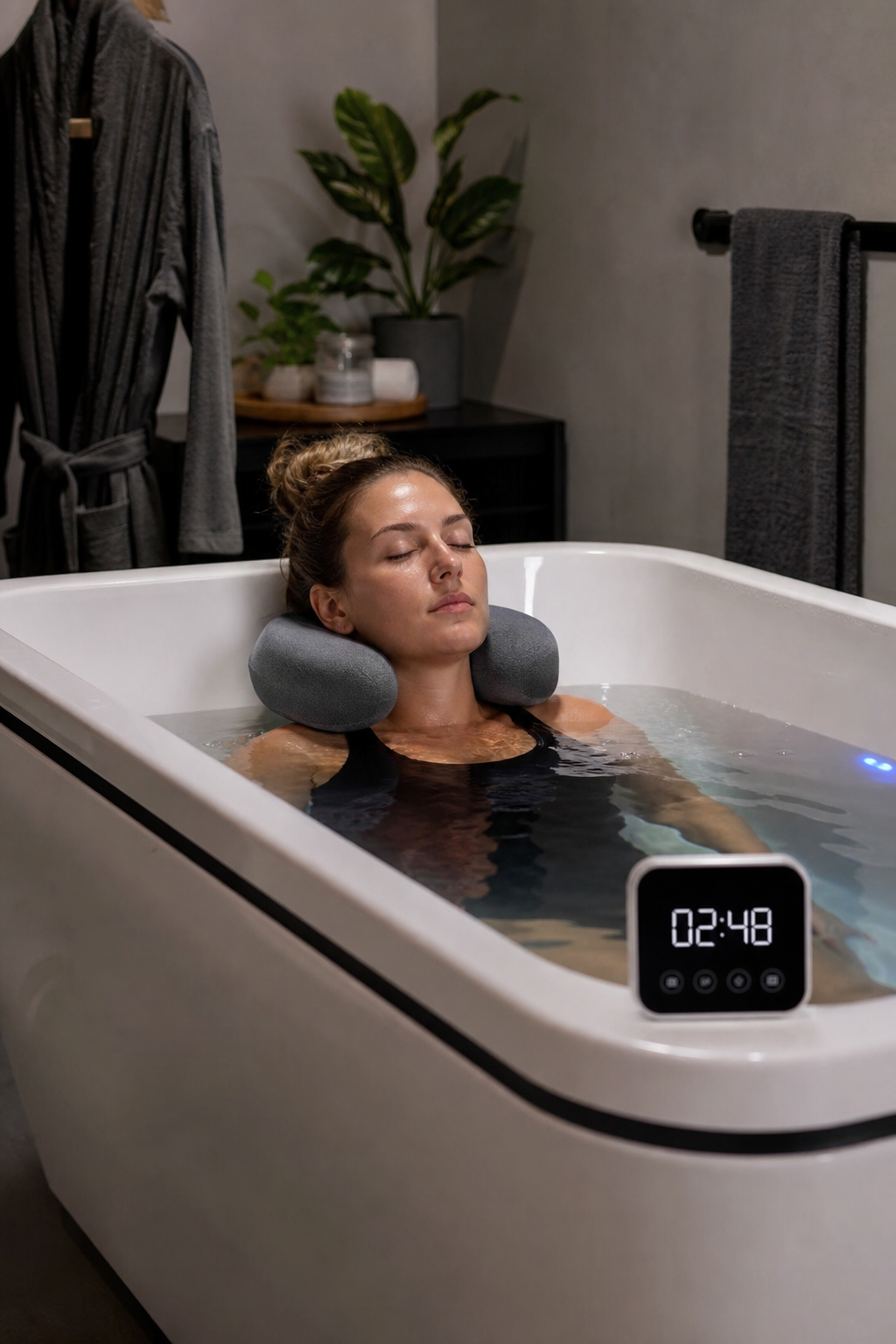A photorealistic image of a person using a neck pillow while relaxing in a modern cold plunge tub, with a digital timer visible and a towel and robe nearby. Alt: comfortable cold plunge accessories neck pillow and timer