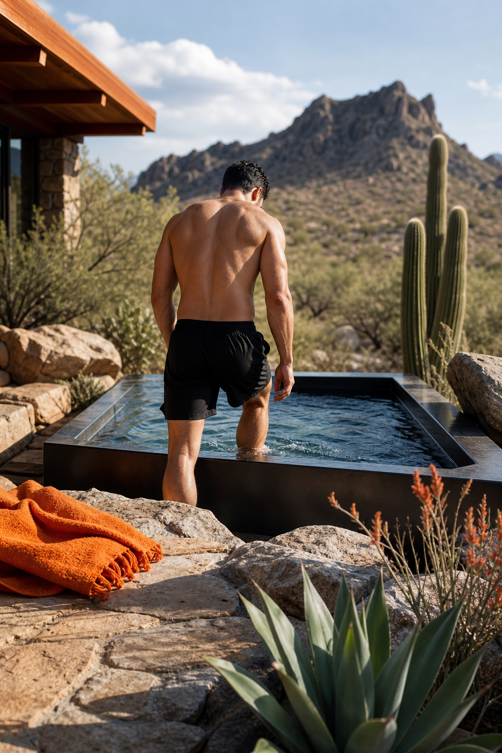A photorealistic, editorial image prompt for an AI image generator: A person stepping into a cold plunge tub in a sunlit desert backyard. The tub is surrounded by stone and drought-tolerant plants; the scene feels calm, purposeful, and premium. Alt: Cold plunge in a desert spa setting.