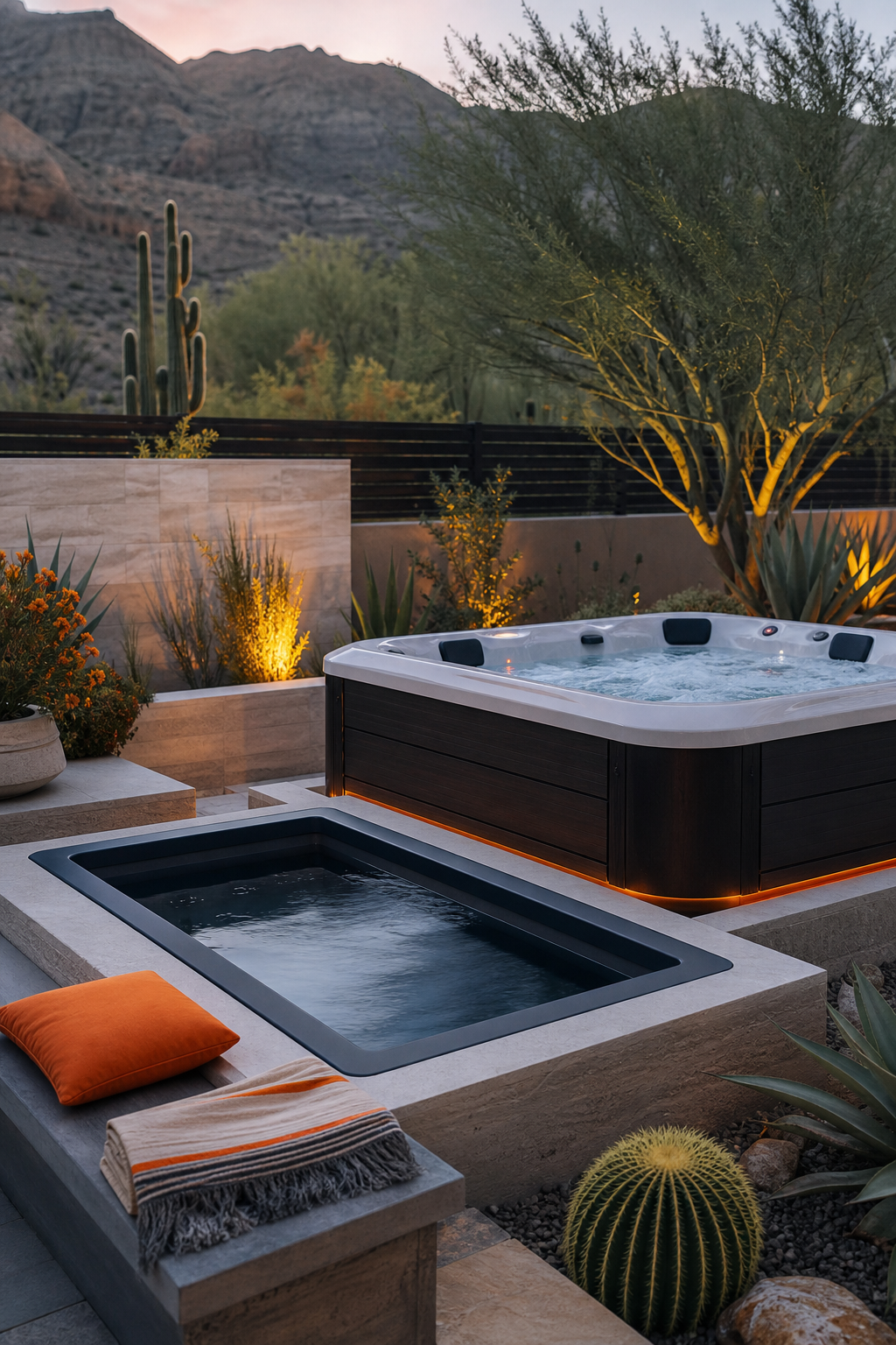 A second editorial image prompt for an AI image generator: A modern backyard spa setup in a desert yard, showing a premium hot tub adjacent to a cold plunge tub with clean lines, stonework, and drought-tolerant plants. Alt: Home cold plunge setup beside a premium spa.