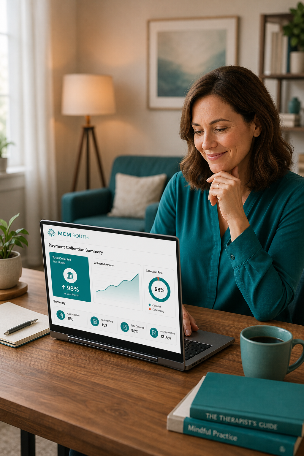 A therapist sitting at a desk with a laptop and a cup of coffee, looking relieved as she reviews a payment summary on her screen. The room is warm and inviting with soft lighting. Alt: Therapist reviewing patient payment collection summary with MCM South compliance tools.