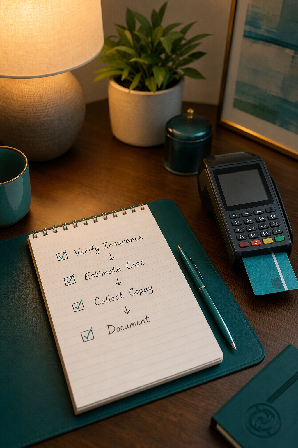 A close-up of a therapist's desk with a notepad listing