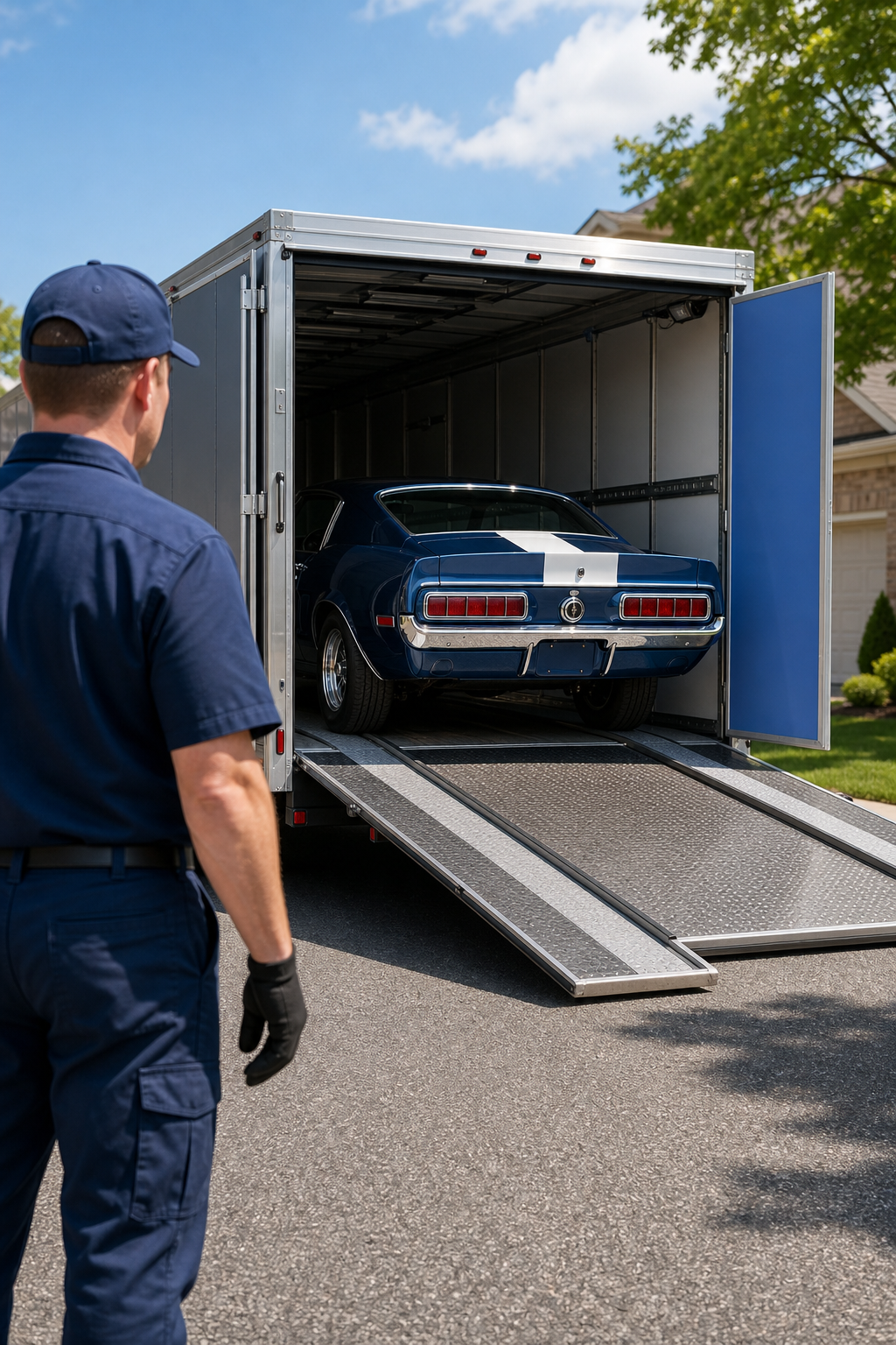 A photorealistic scene of a pristine vintage muscle car being carefully loaded onto an enclosed transport trailer on a sunny suburban street, with a uniformed driver in the foreground, brand color #4981CA visible as accent on the trailer door. Alt: enclosed collector car transport service loading a classic car onto a covered trailer.