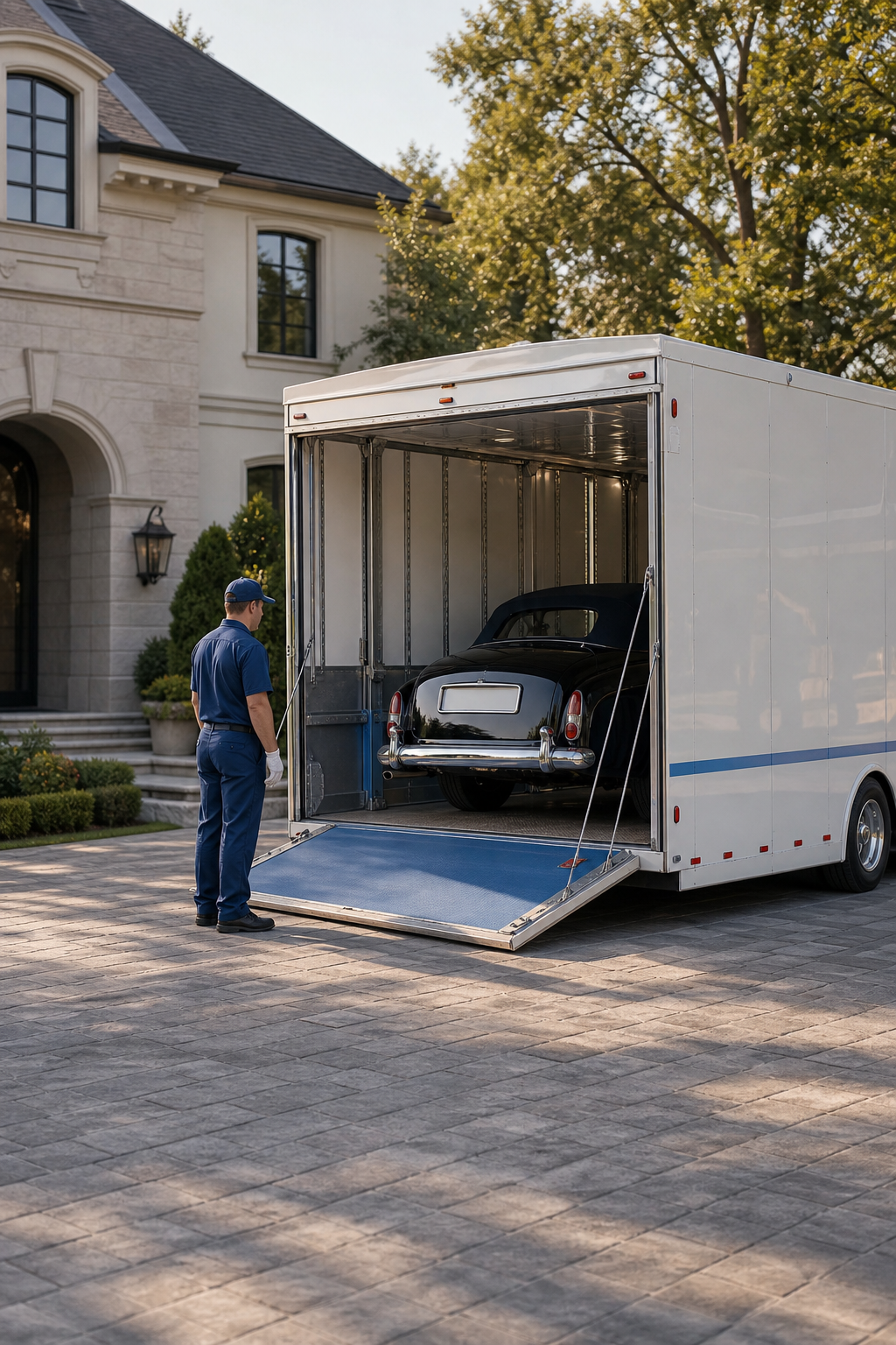 A photorealistic scene of a white enclosed car hauler truck parked outside a luxury estate driveway, with a collector car partially visible being unloaded by a uniformed driver, warm afternoon light, brand color #4981CA as a subtle accent on the truck livery. Alt: white-glove enclosed collector car transport service unloading a classic vehicle at a residential delivery.