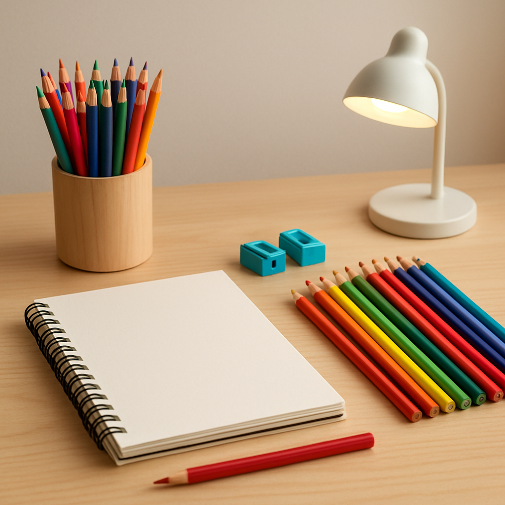 A bright, organized artist's desk with colored pencils, sketchbook, sharpeners, and a small lamp. Alt: Organized workspace for colored pencil techniques for beginners.