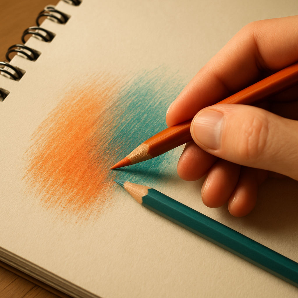 A hand mixing two colored pencils on a sketchbook, showing a gradient from warm orange to cool teal, with soft lighting highlighting the texture of the paper. Alt: Applying color theory with colored pencils, mixing warm and cool hues for beginners.