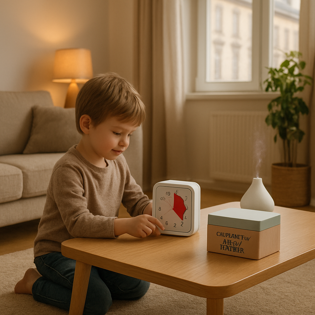 A photorealistic scene of a tidy living room with soft warm lighting, a child calmly playing with a visual timer on a low table, a small “calm box” nearby, and subtle lavender scent diffusing, showing a peaceful European home interior. Alt: Come creare un ambiente calmo per un bambino ADHD senza urlare.