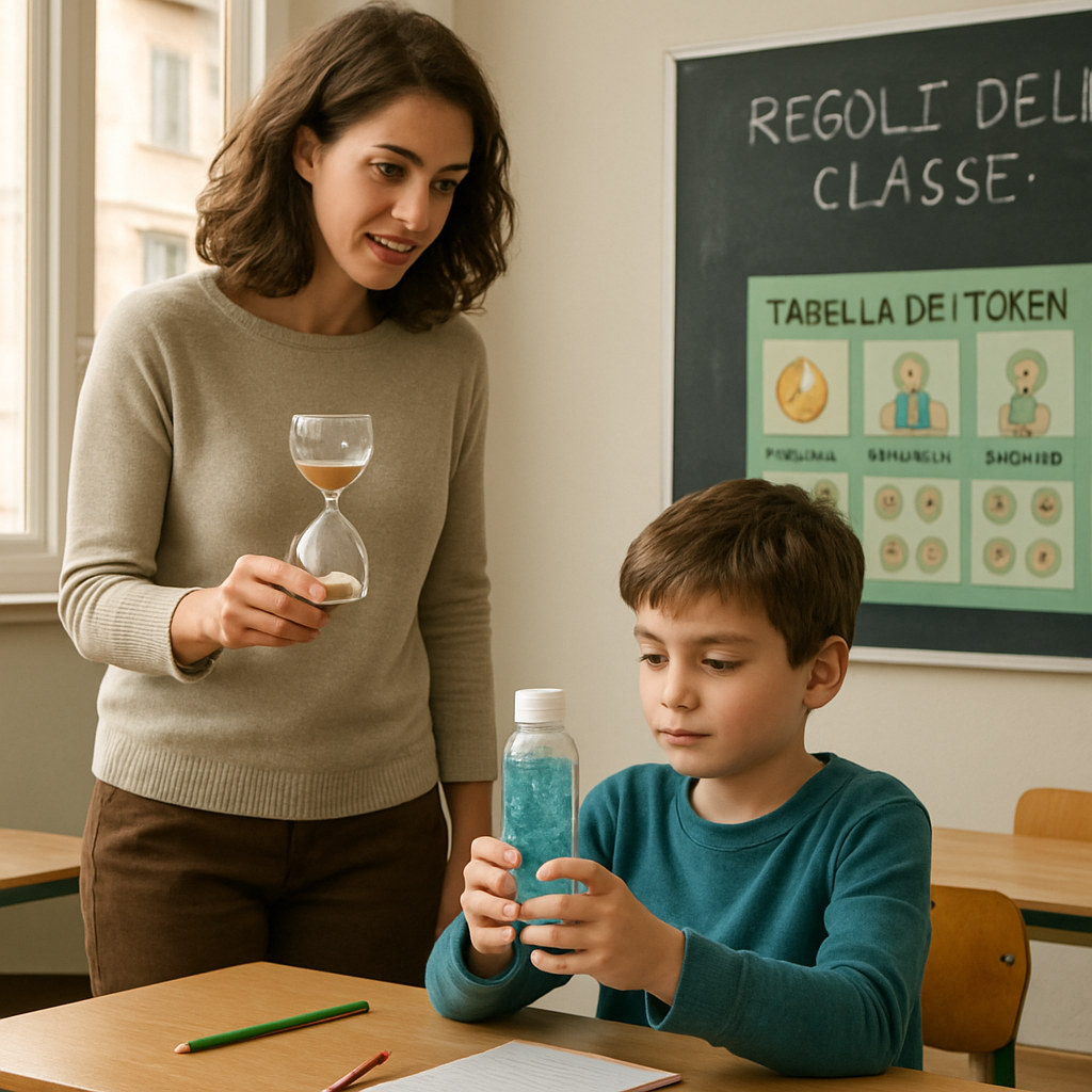 A photorealistic scene of an elementary classroom in Italy, with a teacher holding a sand timer, a child holding a calm‑down bottle, and a visible token chart on the wall, illustrating collaborative strategies to calm a child with ADHD without shouting. Alt: bambino ADHD in classe calmato senza urla, strategie scuola‑famiglia.