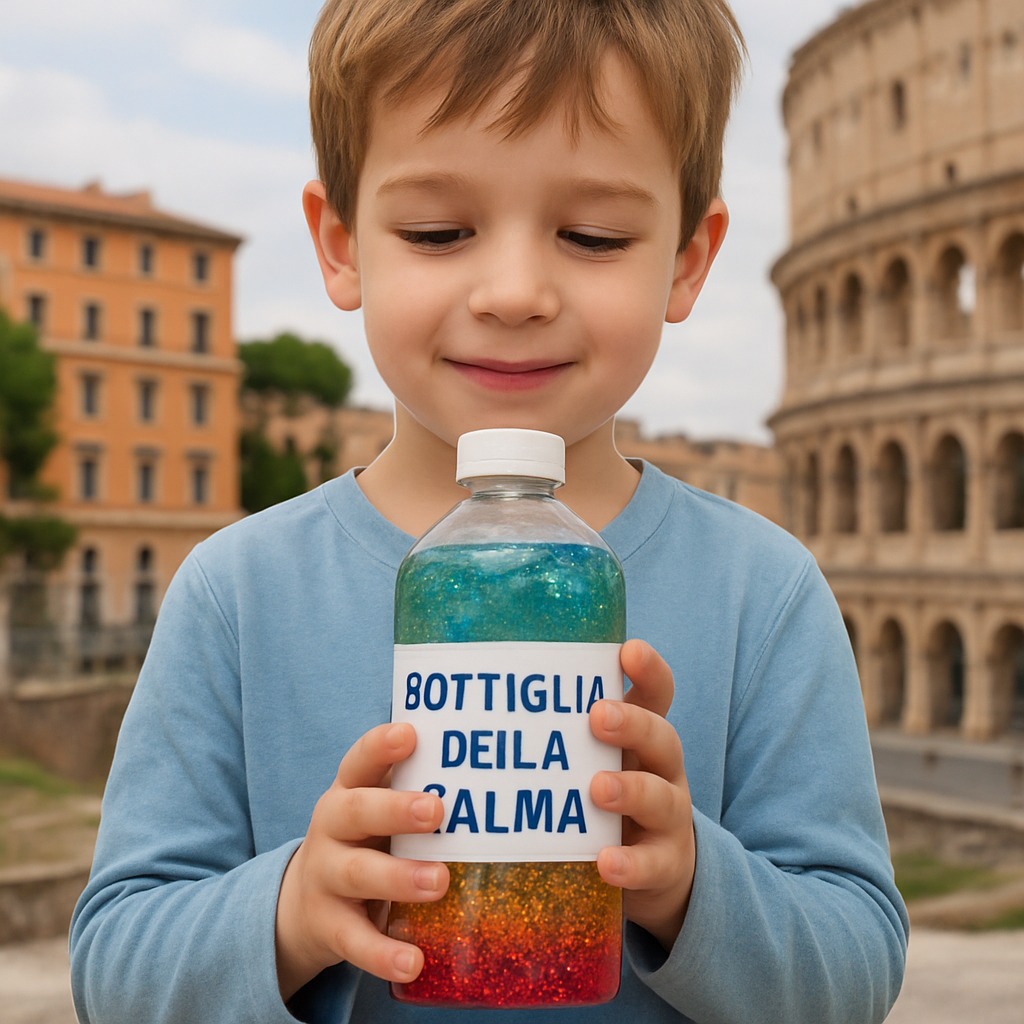 Un bambino che tiene in mano una bottiglia della calma colorata, con glitter che scendono lentamente. Alt: bottiglia della calma per bambini con ADHD, glitter e colorante