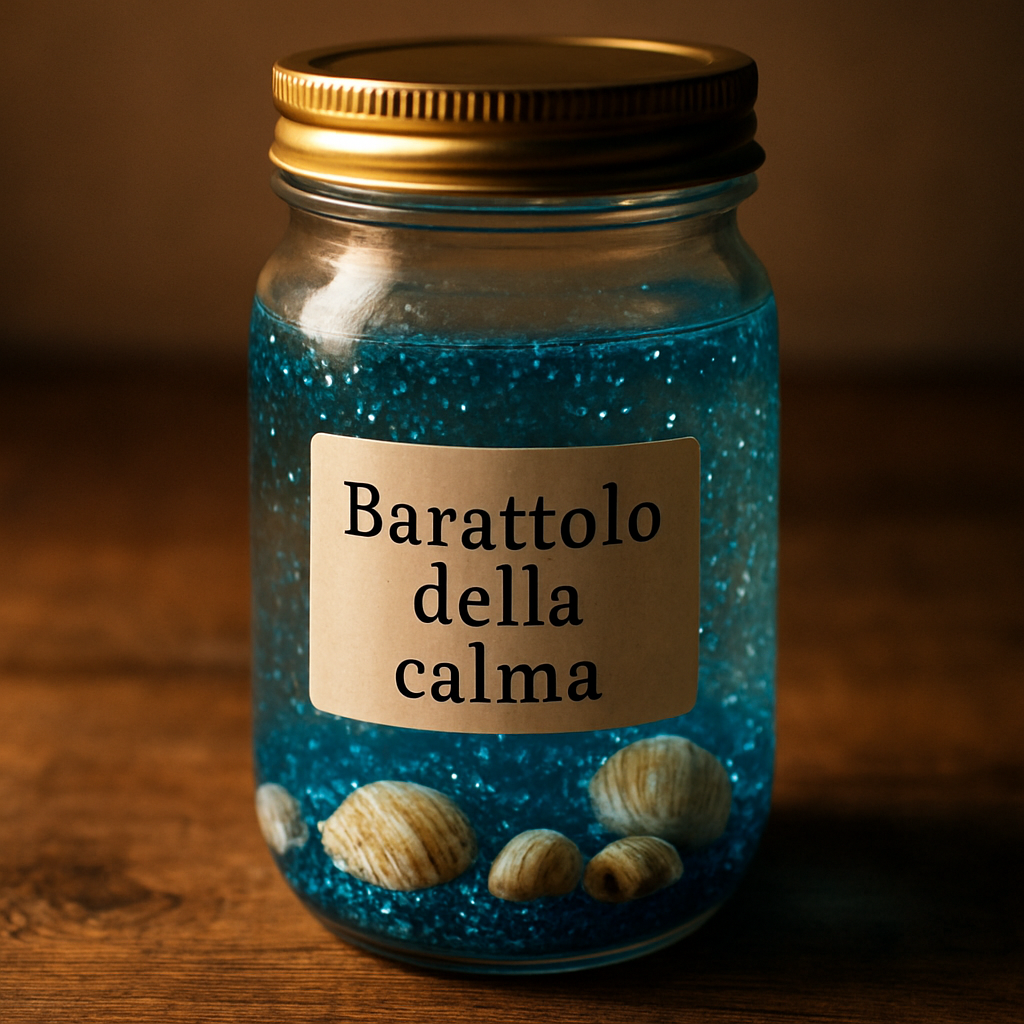 Un barattolo della calma fatto in casa, riempito con acqua, olio, glitter blu e piccole conchiglie, mostrato su un tavolo di legno, luce soffusa. Alt: barattolo della calma ingredienti sensoriali per bambini ADHD