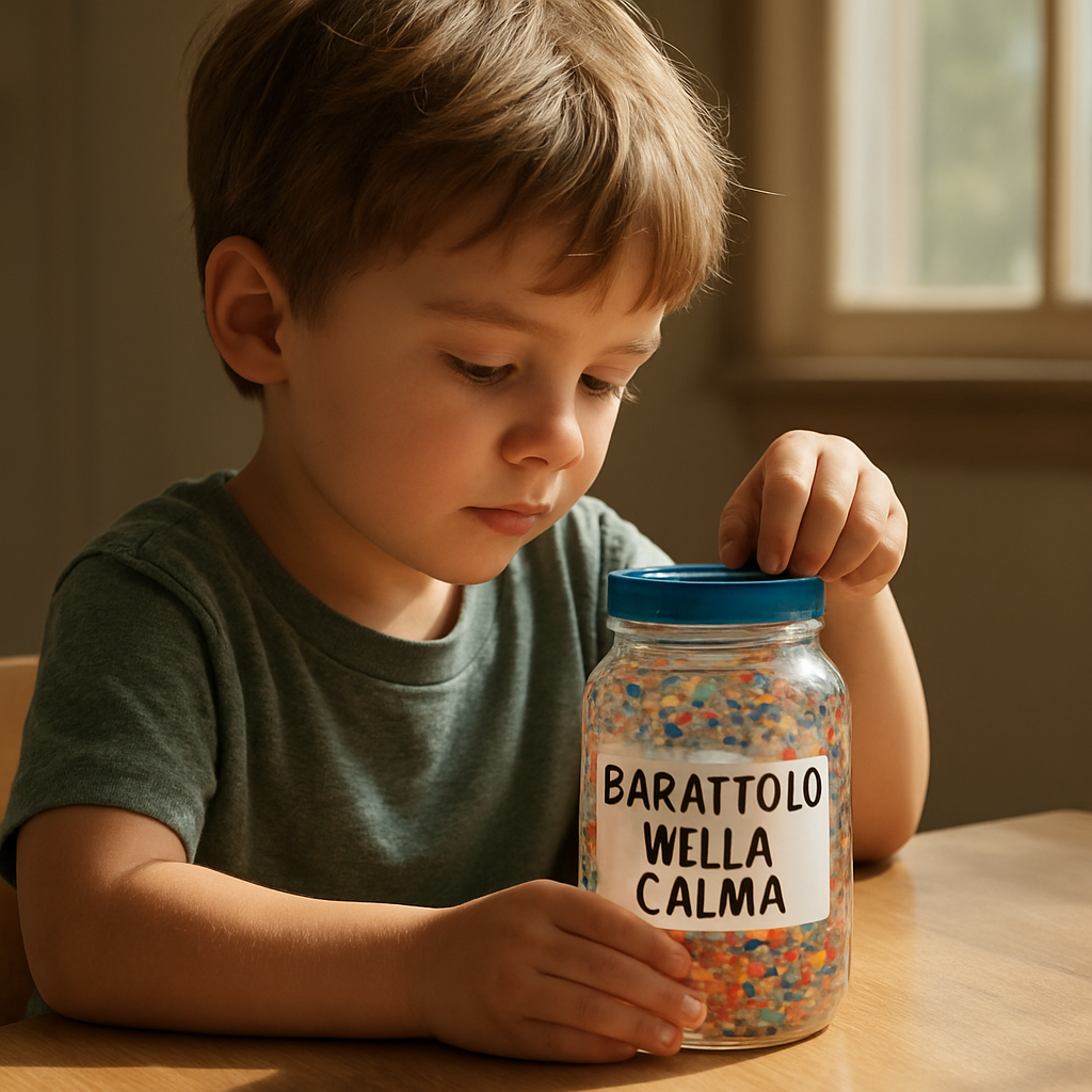 A child sitting at a small table, opening a colorful calm jar filled with glittering liquid and tiny beads, sunlight filtering through the window, creating a soothing atmosphere. Alt: barattolo della calma uso quotidiano