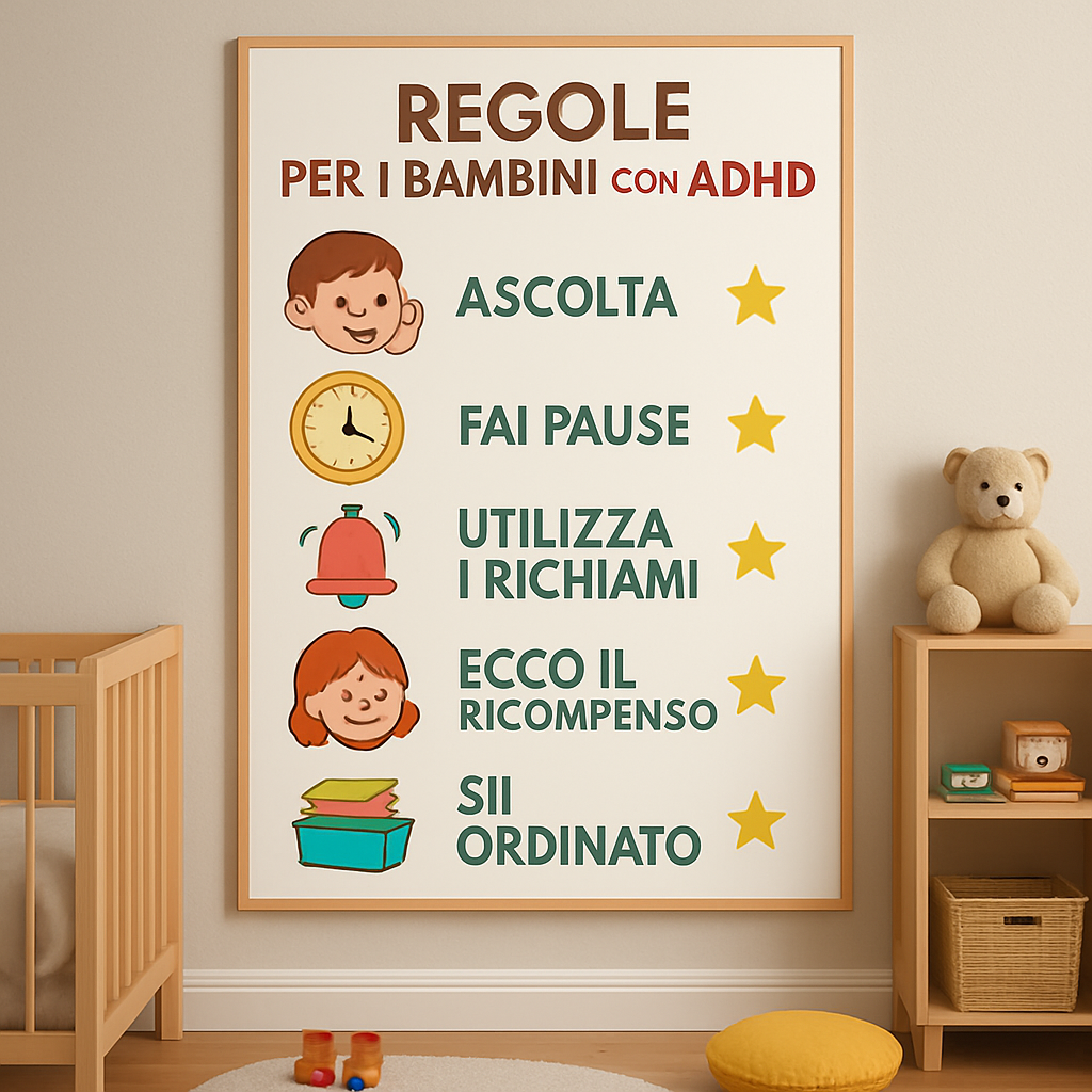 Un cartellone delle regole colorato, con icone semplici e stelle dorate, appeso al muro di una stanza ordinata per bambini con ADHD. Alt: cartellone delle regole per bambini con ADHD, icone colorate, premi visivi.
