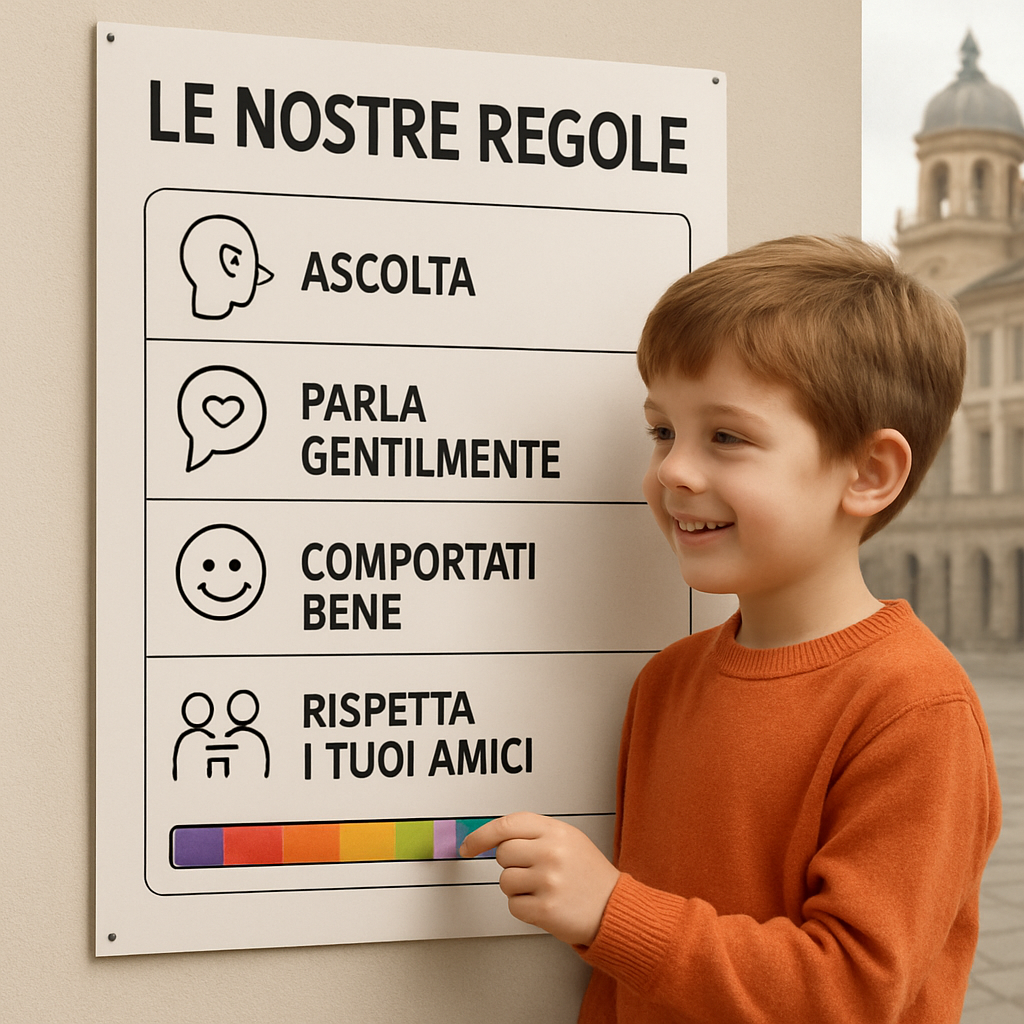 Un bambino sorridente che sposta una linguetta colorata su una barra di progresso del cartellone delle regole, con icone chiare accanto a ciascuna regola. Alt: cartellone delle regole con simboli di rinforzo visivi