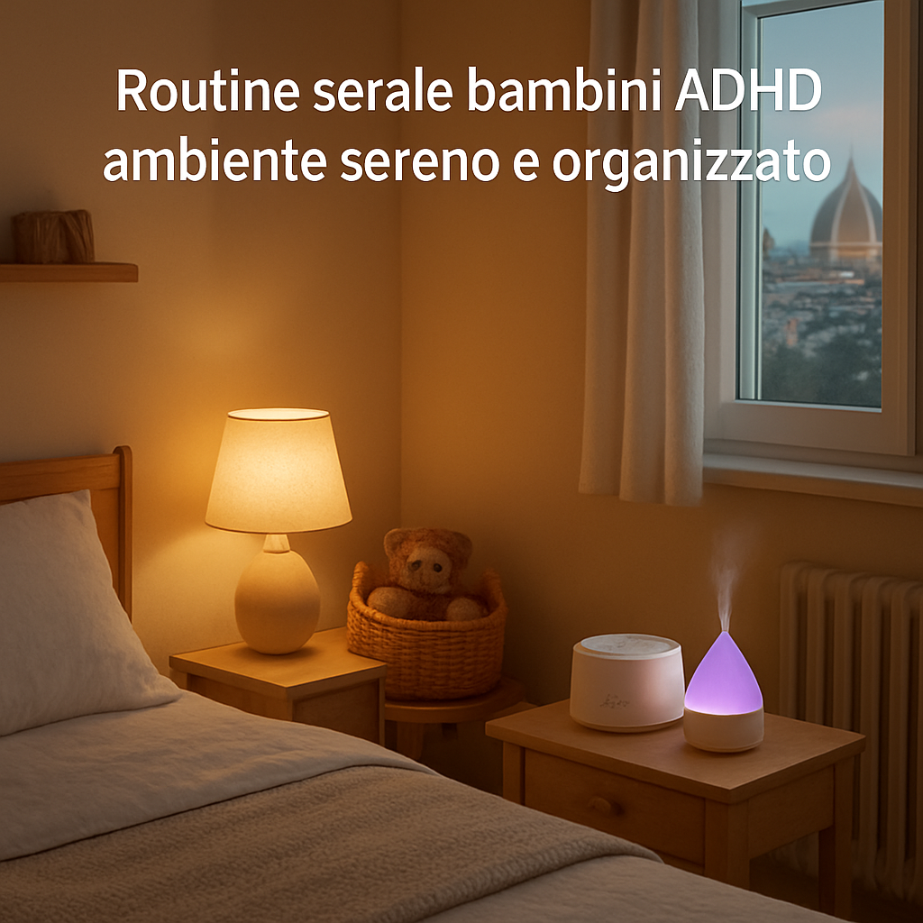 A photorealistic scene of a softly lit child's bedroom in Italy, with a warm lamp, a small basket of toys, a lavender diffuser, and a white‑noise machine on a nightstand, showing a calm, organized environment for an ADHD evening routine. Alt: routine serale bambini adhd ambiente sereno e organizzato.