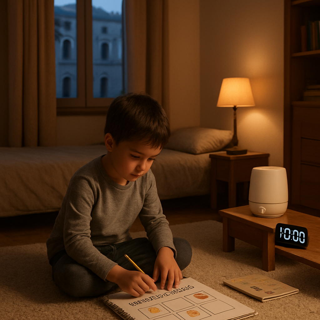 A photorealistic scene of an Italian family bedroom at dusk, a child sitting on a soft rug filling out a simple visual diary with stickers, a dimmable lamp casting warm light, a white‑noise diffuser on a nightstand, and a timer clock showing 10 minutes. Alt: Routine serale bambini ADHD, monitoraggio dei progressi con diario visivo.