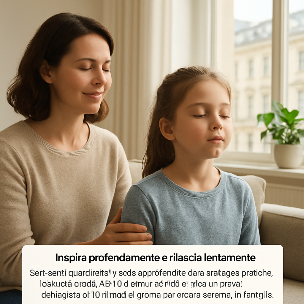 A child taking a calm breath with a parent watching, in a bright living room setting. Alt: calm child breathing with supportive parent illustration.