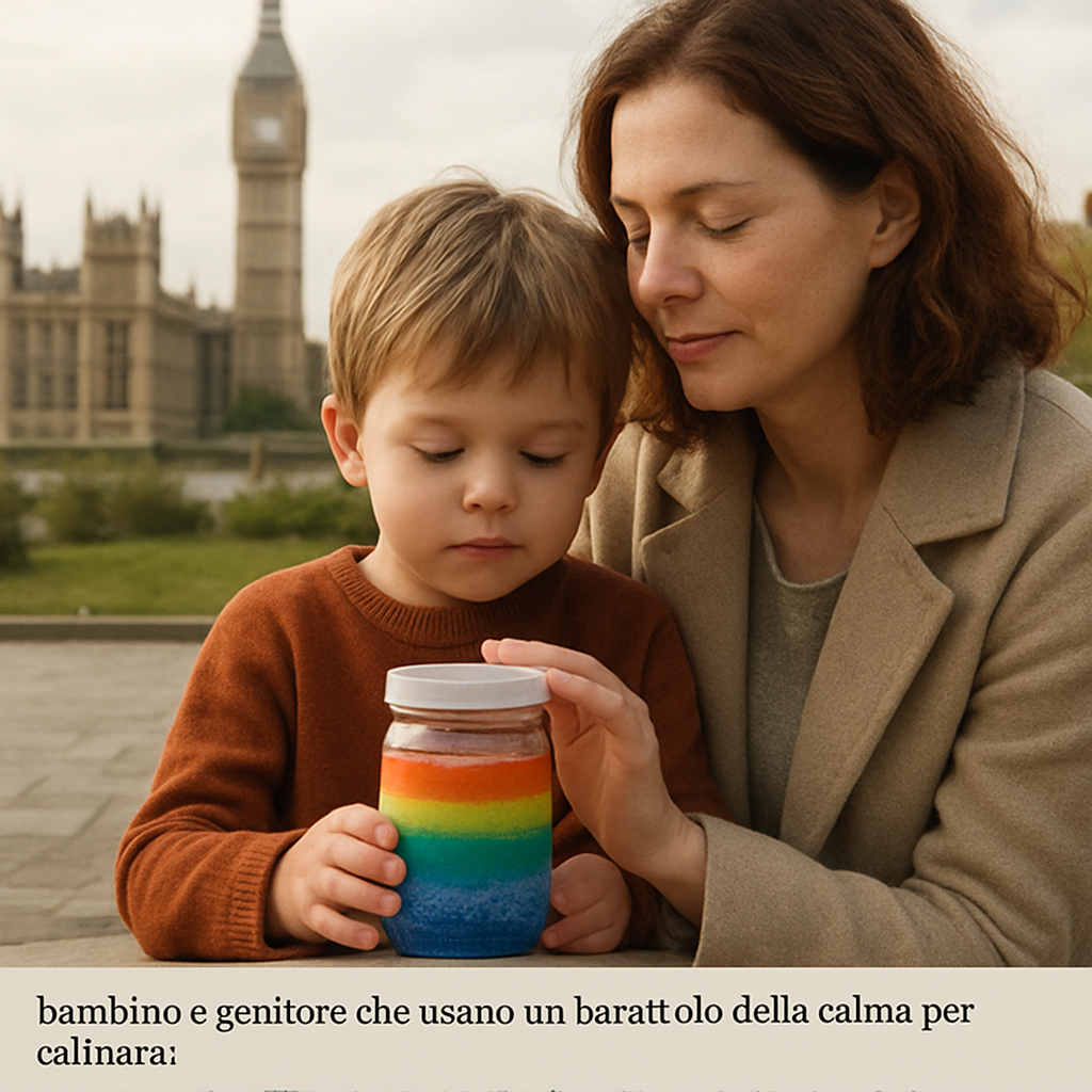 A child and parent sharing a calm moment with a colorful barattolo della calma in the background. Alt: bambino e genitore che usano un barattolo della calma per calmarsi.