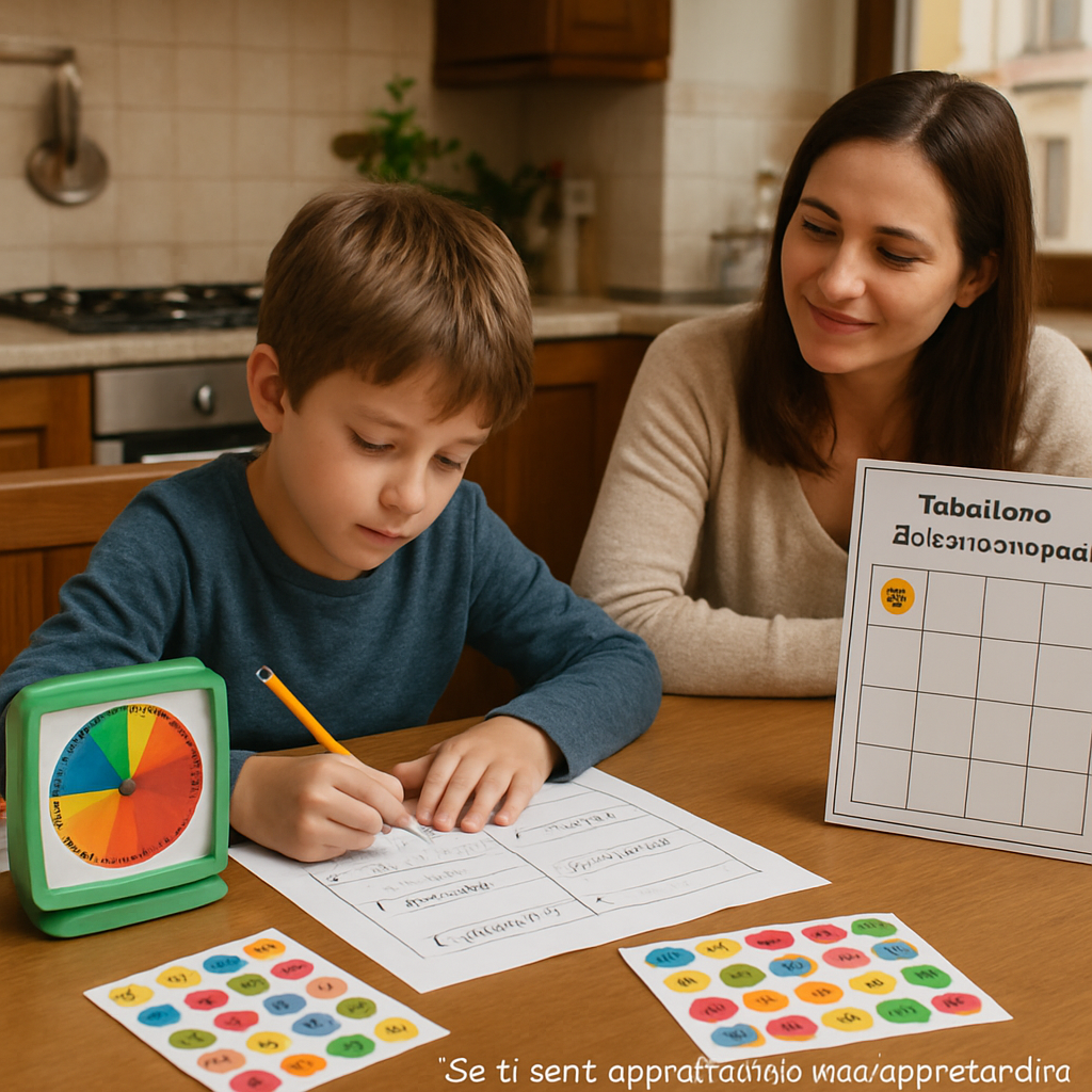 A photorealistic scene of an Italian kitchen table where a child is working on a homework sheet broken into numbered micro‑tasks, with a colorful timer, stickers for rewards, and a calm parent watching supportively. Alt: bambino con ADHD organizza compiti in micro‑attività con timer visivo e tabellone di rinforzo.