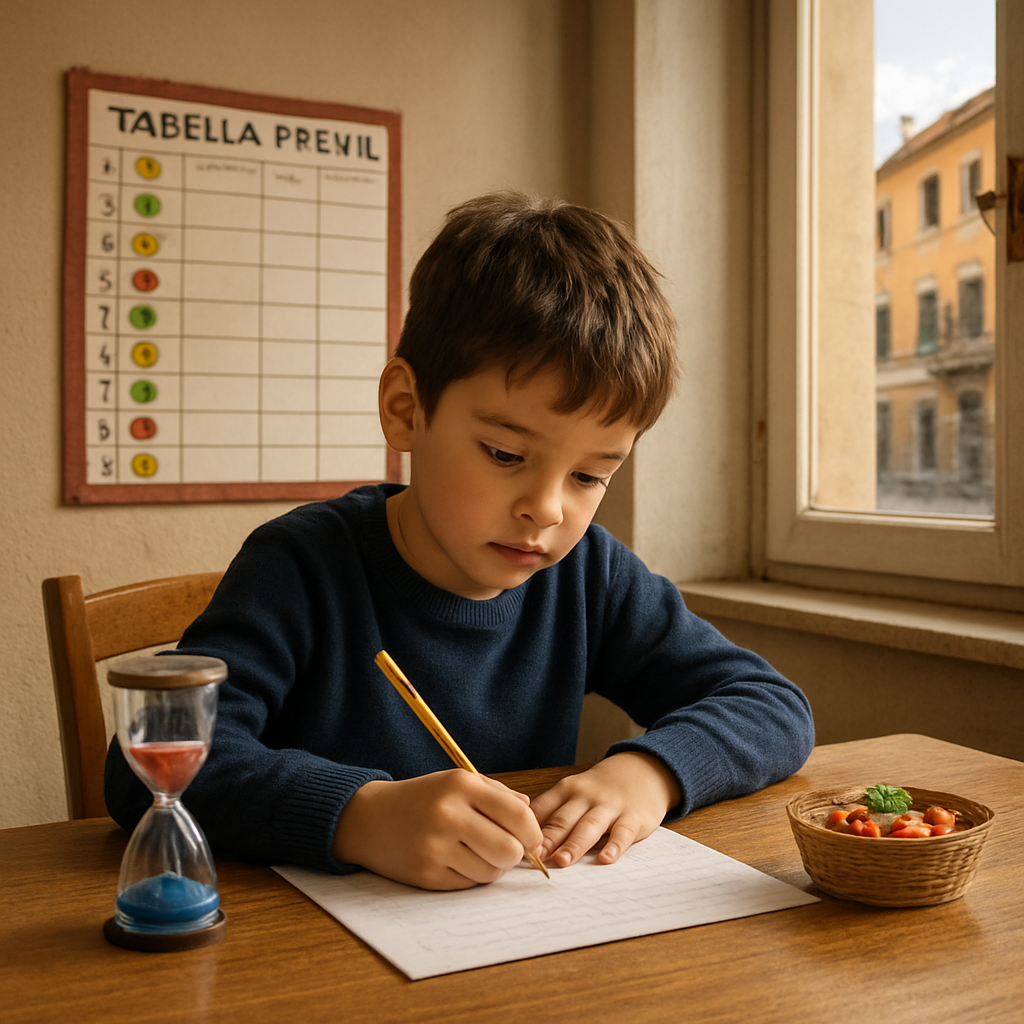 Un bambino italiano seduto a un tavolo di legno, circondato da una clessidra colorata, una tabella di premi adesivi sul muro e un piccolo cesto di caramelle; la scena è illuminata da luce naturale diurna che entra da una finestra con vista su una tipica strada di un quartiere italiano; stile Realism, fotorealistico, atmosfera accogliente e familiare. Alt: bambino che completa un compito con ADHD e riceve un premio positivo.