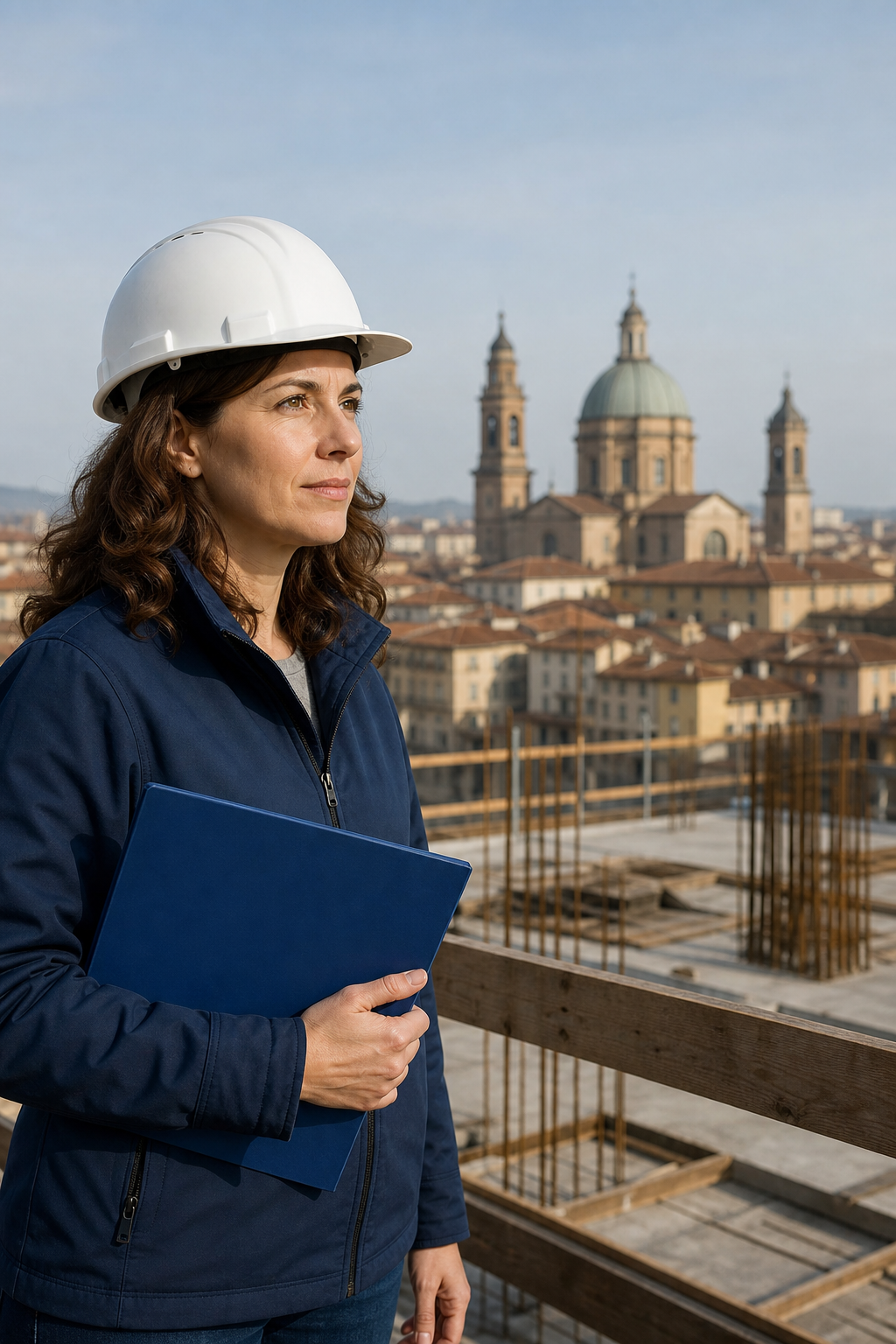 Una consulente aziendale in una fabbrica di Alessandria analizza un macchinario con una checklist, sullo sfondo operai al lavoro. Realism style. Alt: analisi dei rischi in un'azienda della provincia di Alessandria per certificazione ISO 45001