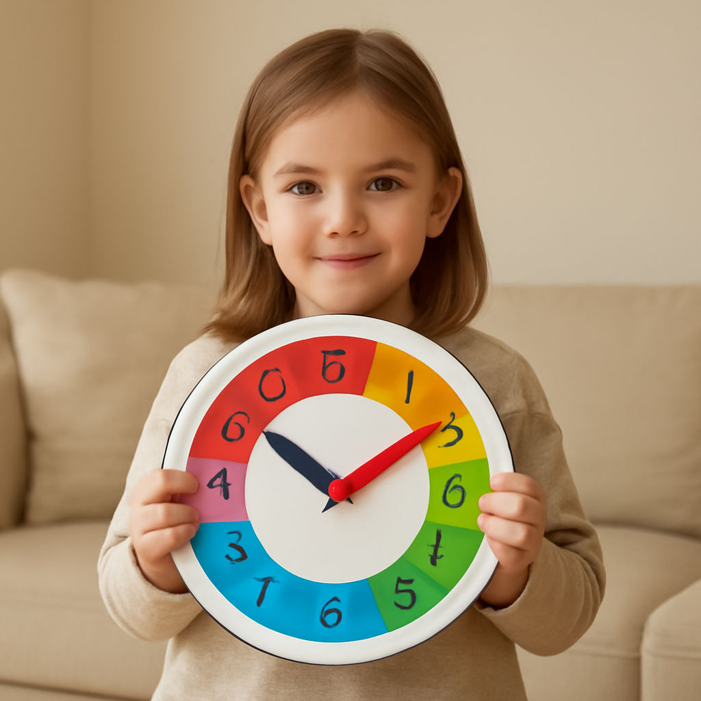 A child holding a brightly colored Montessori clock with a calm background. Alt: Montessori clock with colorful hands and a child in a relaxed setting.