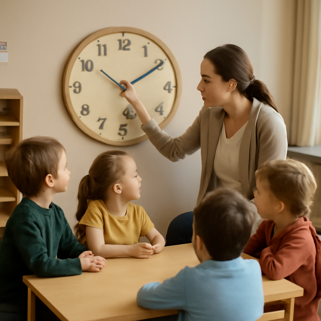 A classroom scene with a Montessori-style analog clock hanging on the wall, children seated around a table, a teacher pointing to the hour hand. Alt: Classroom with Montessori clock and engaged children.